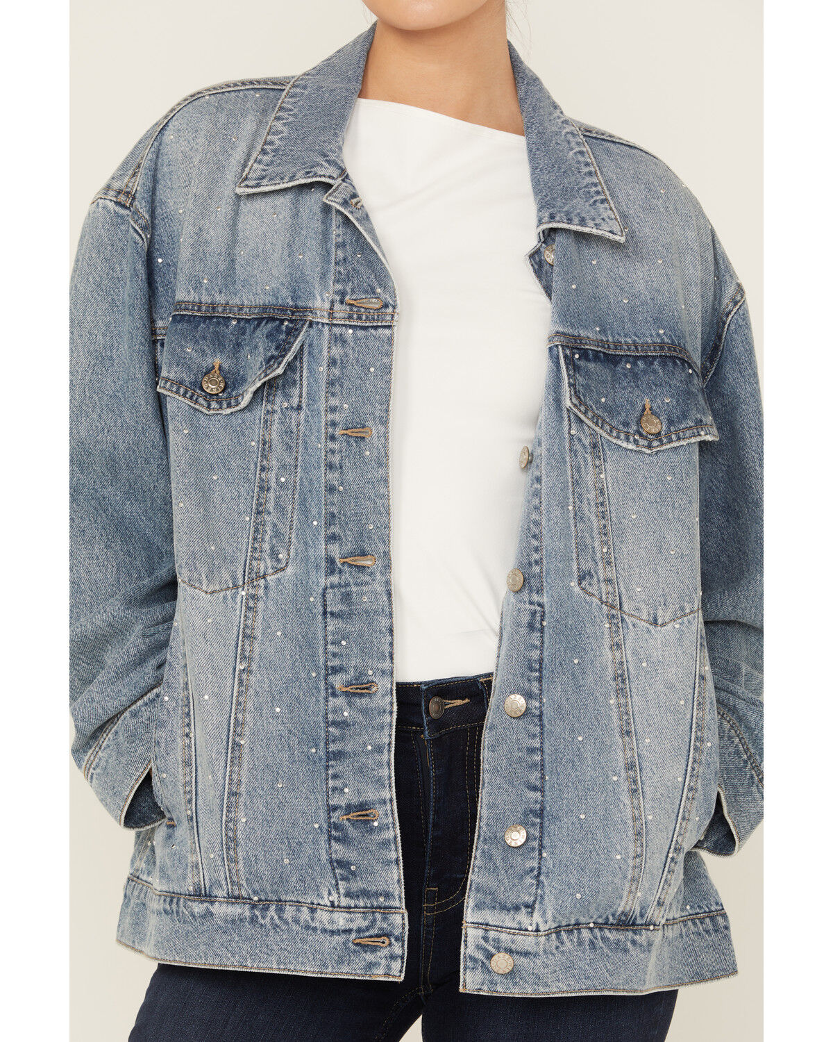 Daze Women's Beau Medium Wash Oversized Studded Denim Jacket