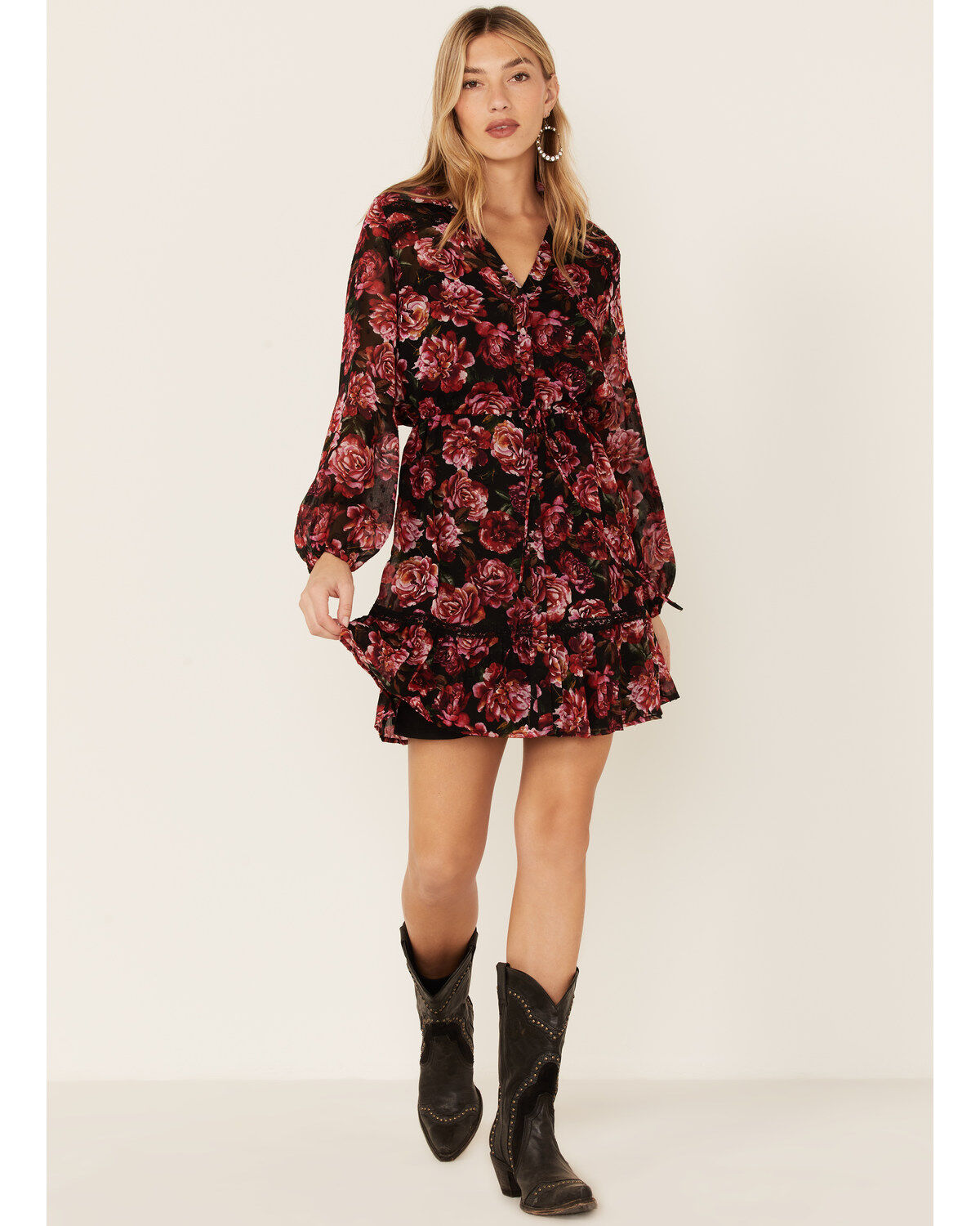 Lovestitch Women's Magenta Floral Floral Lace Trim Mini Dress