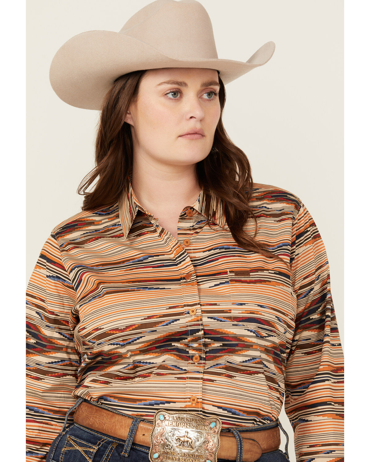 Ariat Women's Chimayo Southwestern Print Kirby Long Sleeve Stretch Button-Down Western Shirt - Plus