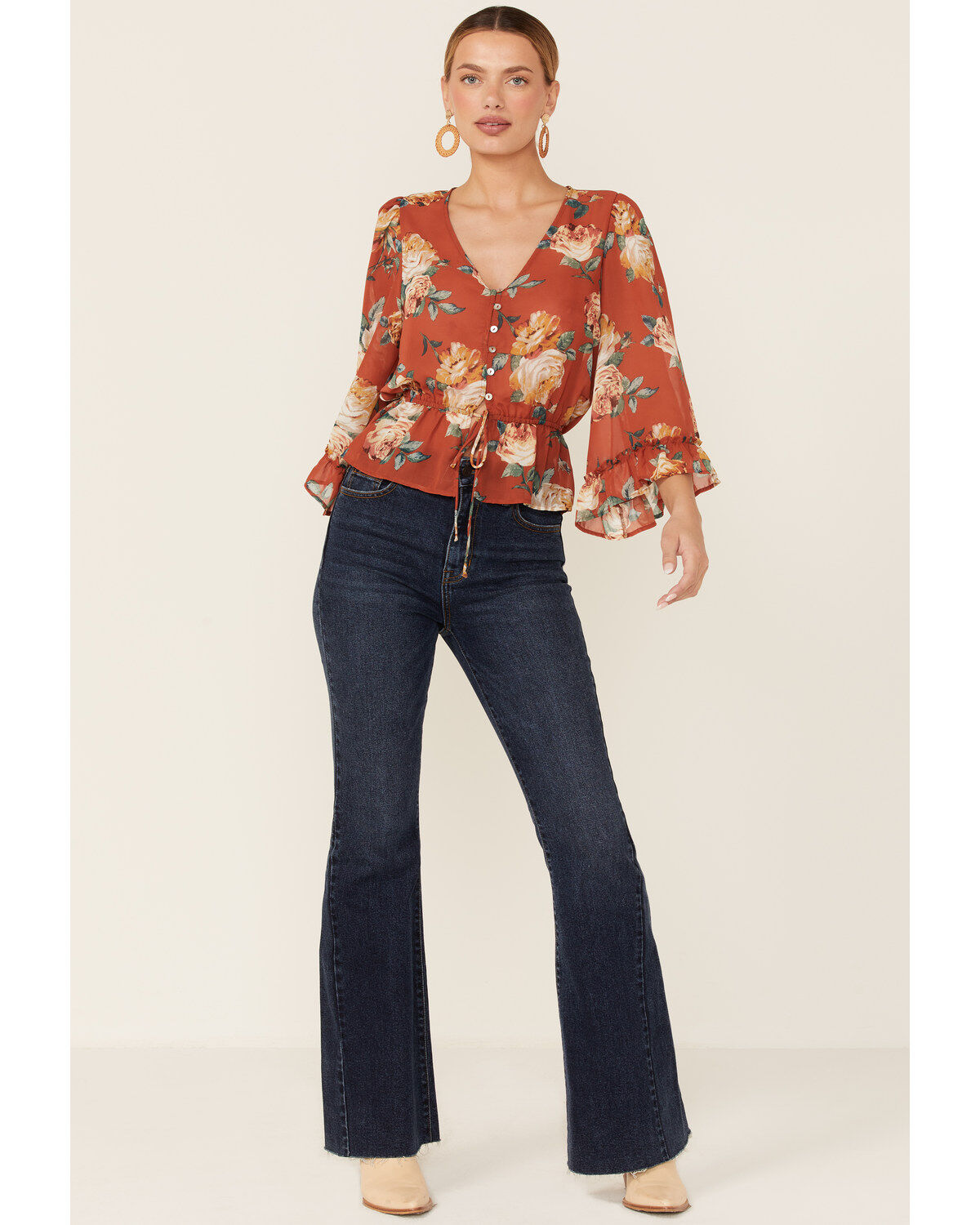 Wild Moss Women's Rust Floral Chiffon Bell Sleeve Blouse