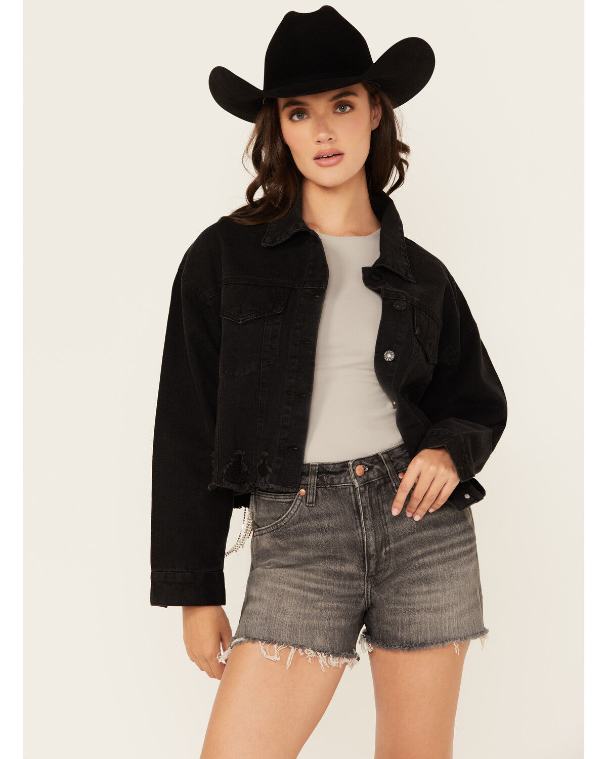 Blue B Women's Back Chain Fringe Cropped Denim Jacket