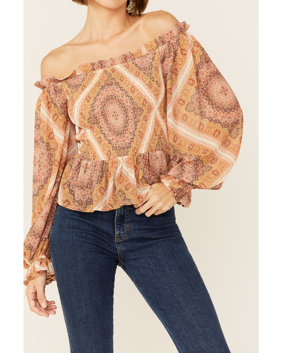 Flying Tomato Women's Boho Print Cold Shoulder Top