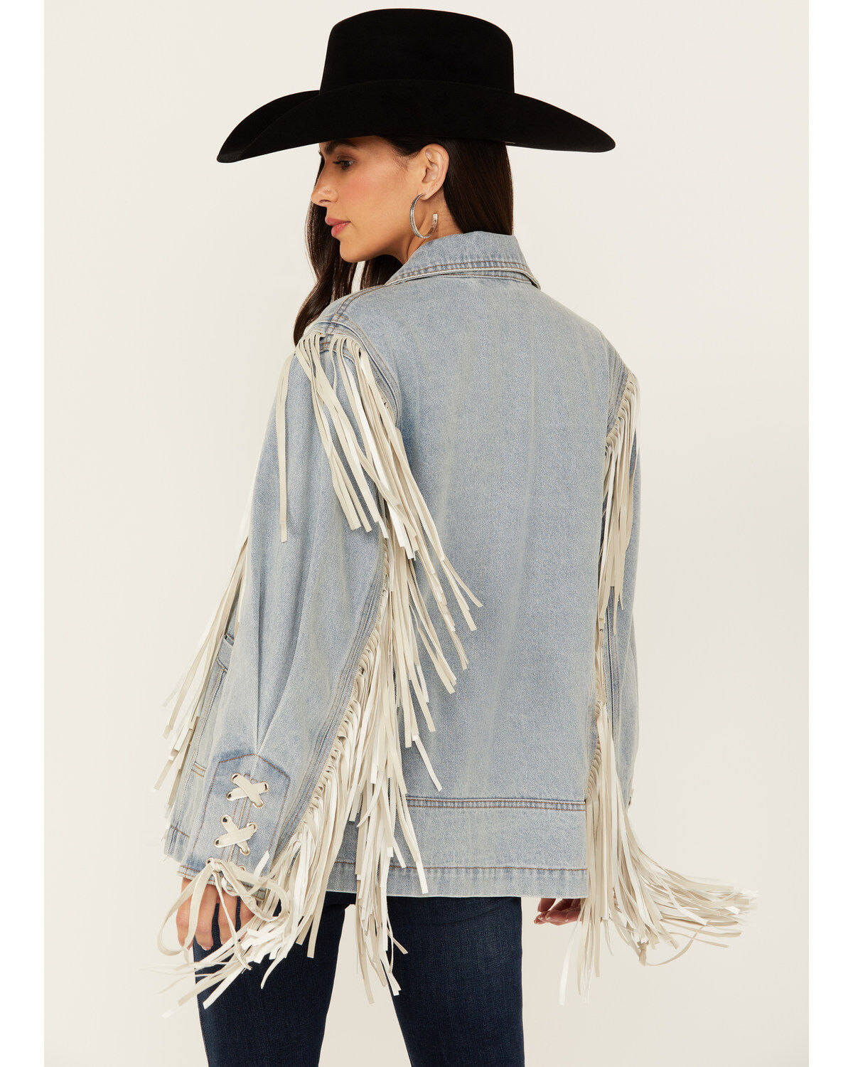 Saints & Hearts Women's Light Wash Denim Fringe Blazer