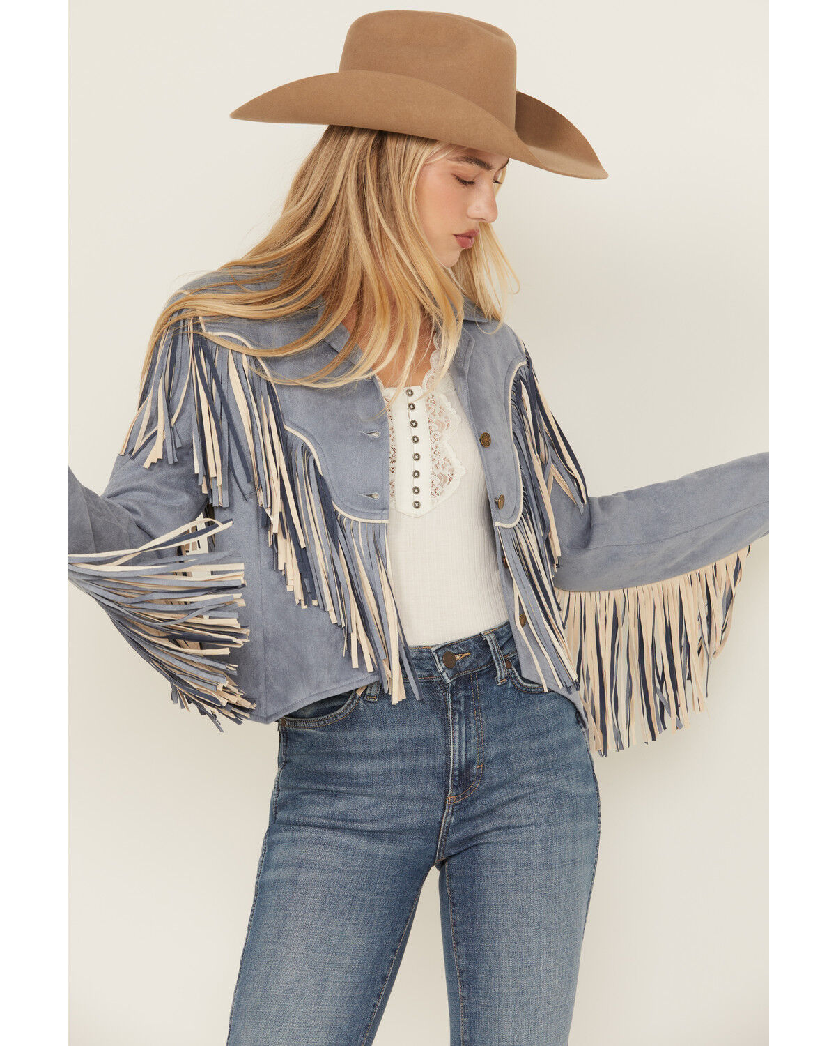 Saints & Hearts Women's Faux Fringe Suede Button-Down Jacket