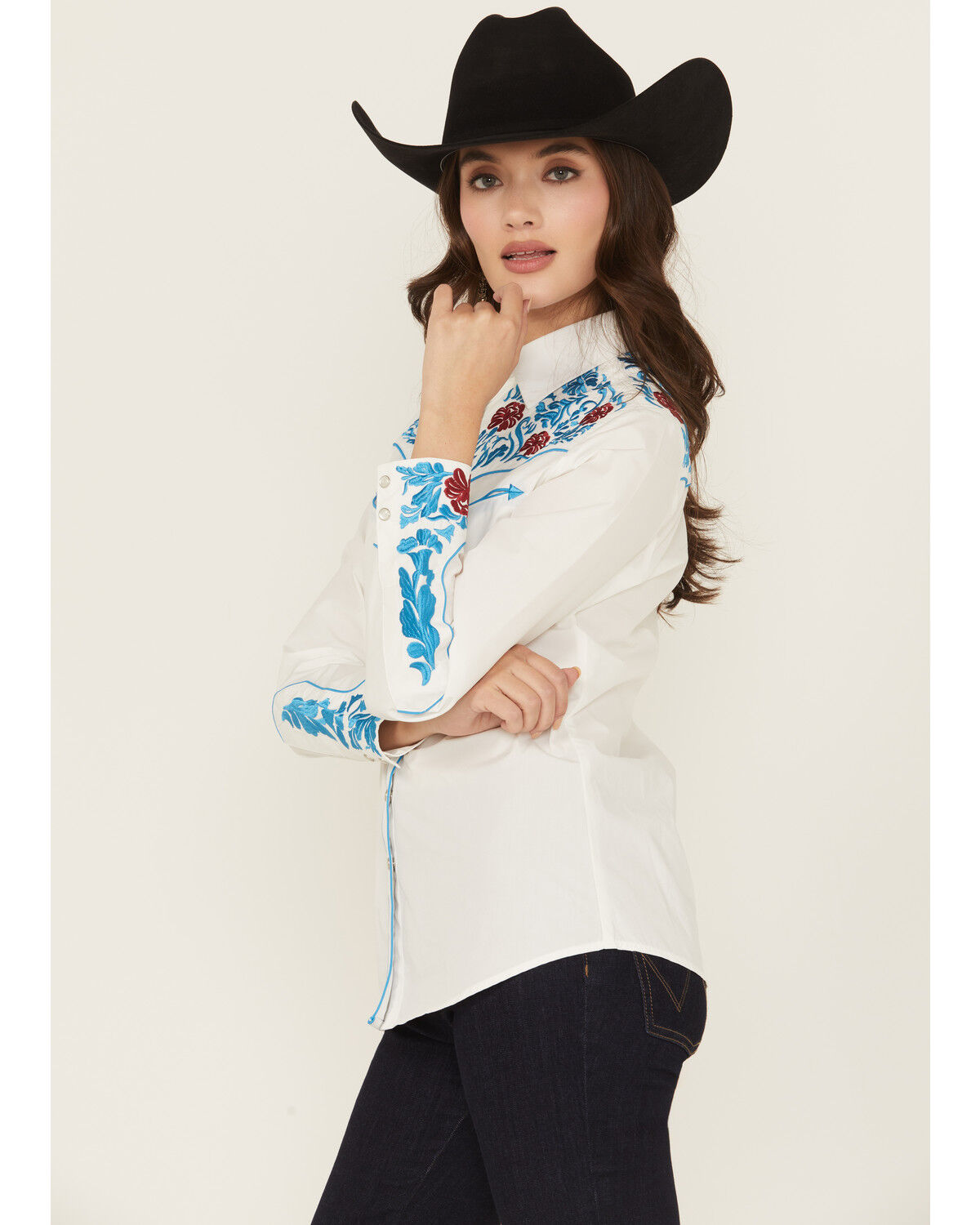 Rodeo Clothing Women's Floral Embroidered Long Sleeve Snap Stretch Western Shirt