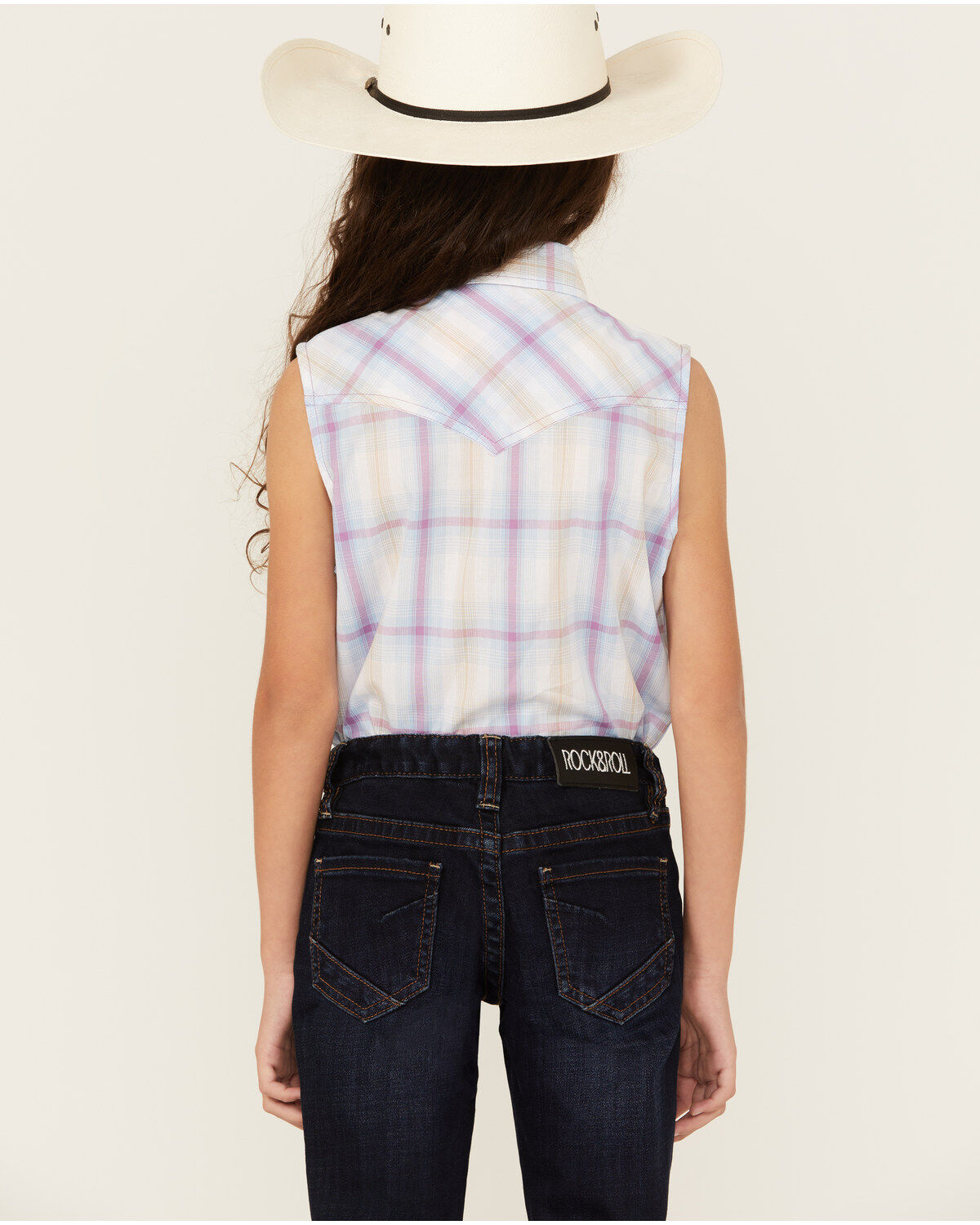 Ely Walker Girls' Plaid Print Embroidered Sleeveless Pearl Snap Western Shirt