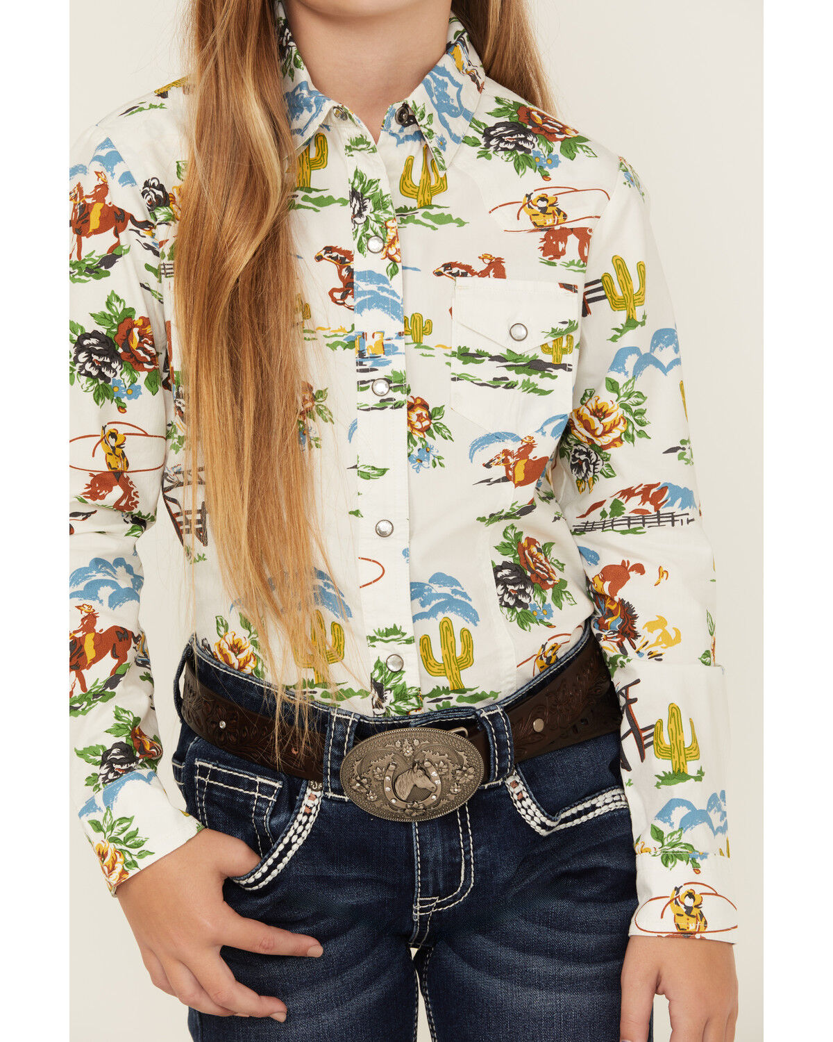 Cruel Girl Girls' Printed Long Sleeve Rhinestone Snap Western Shirt