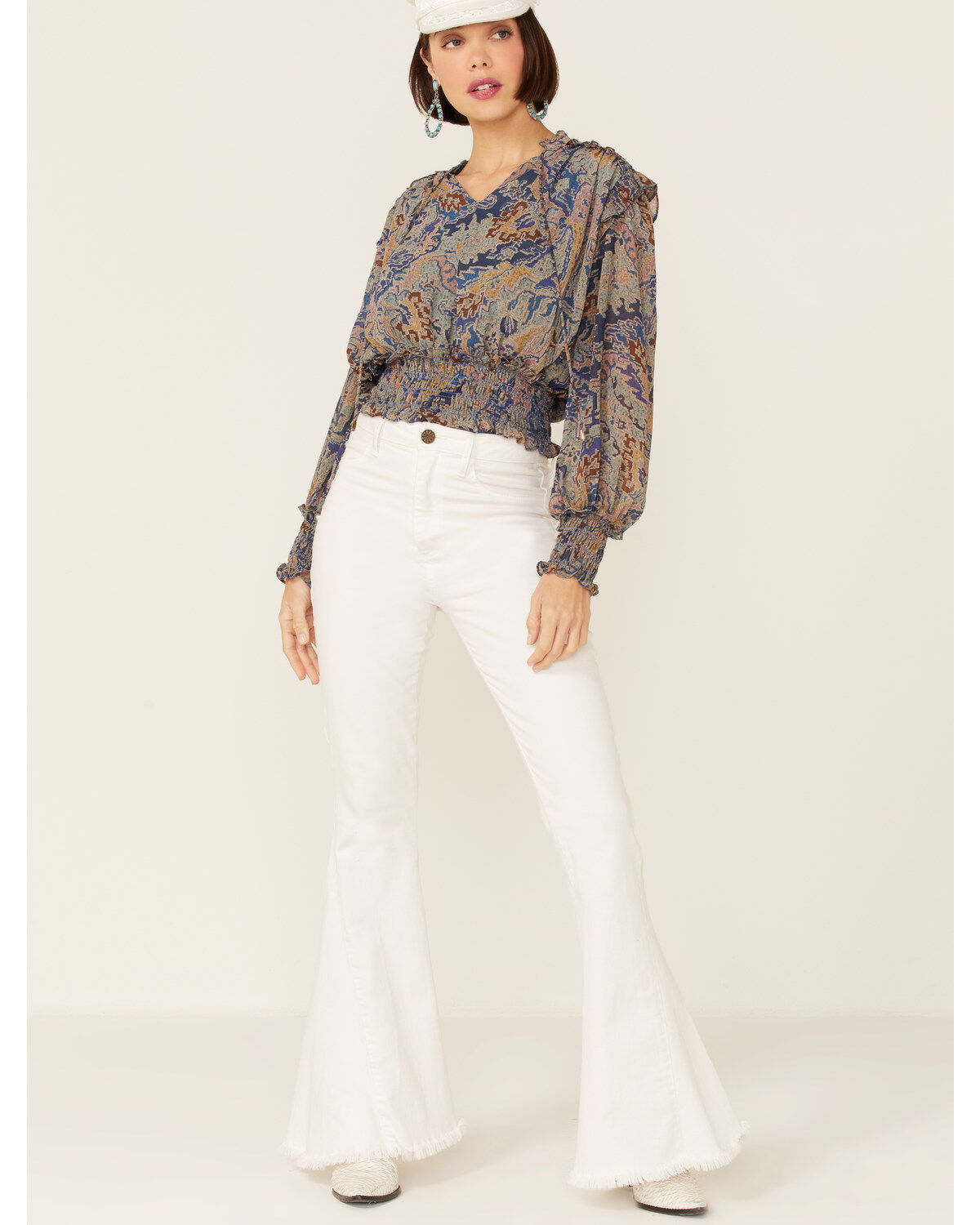 Revel Women's Tapestry Print Smocked Long Sleeve Top