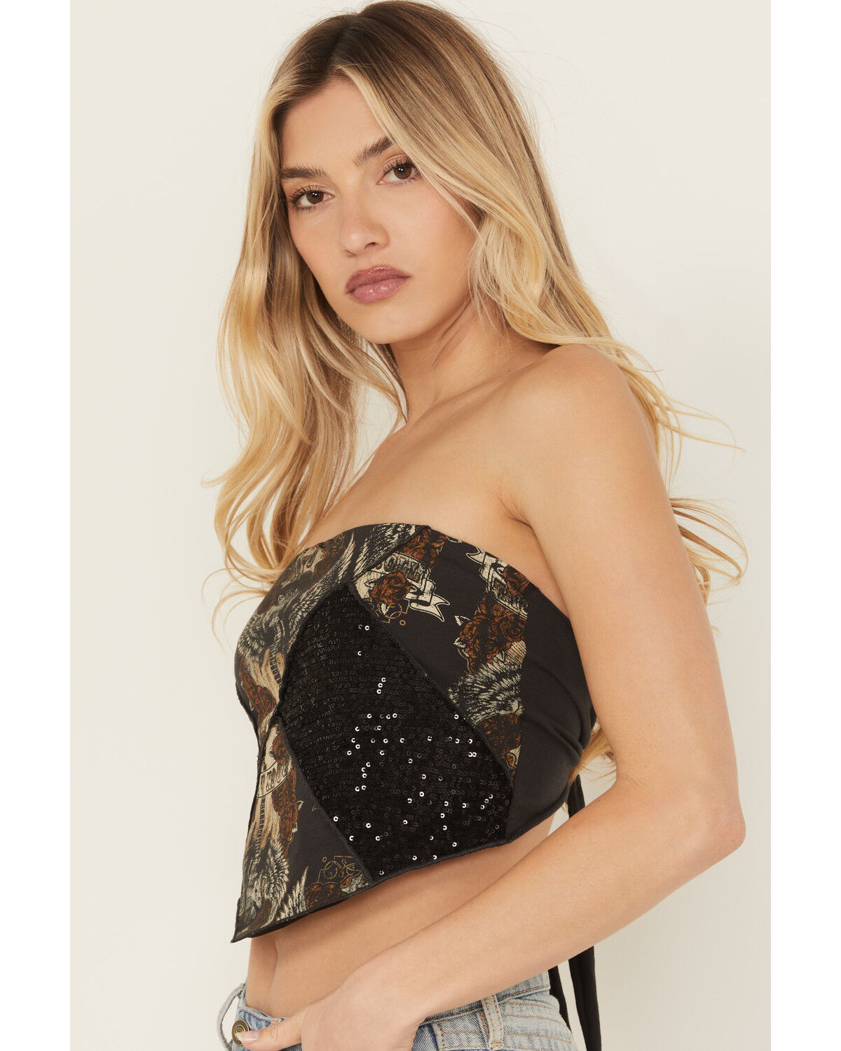 Originality Women's Sequin Strapless Graphic Bandana Top