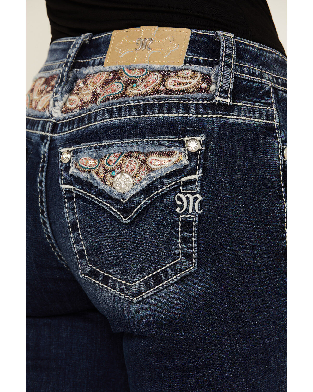 Miss Me Women's Dark Wash Faux Flap Sequin Paisley Pocket Mid Rise Bootcut Stretch Denim Jeans