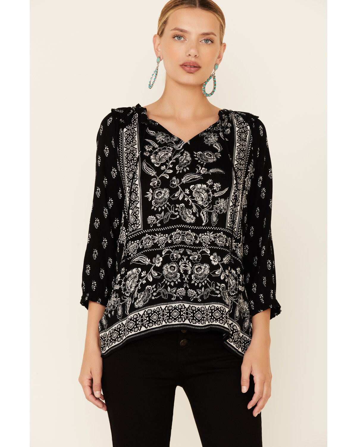 Bila Women's Delaney Two-Tone Print 3/4 Sleeve Peasant Top