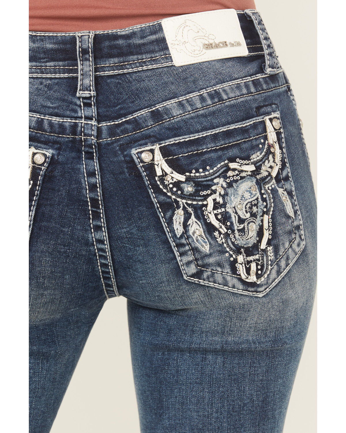 Grace In LA Women's Medium Wash Mid Rise Embroidered Bootcut Stretch Denim Jeans