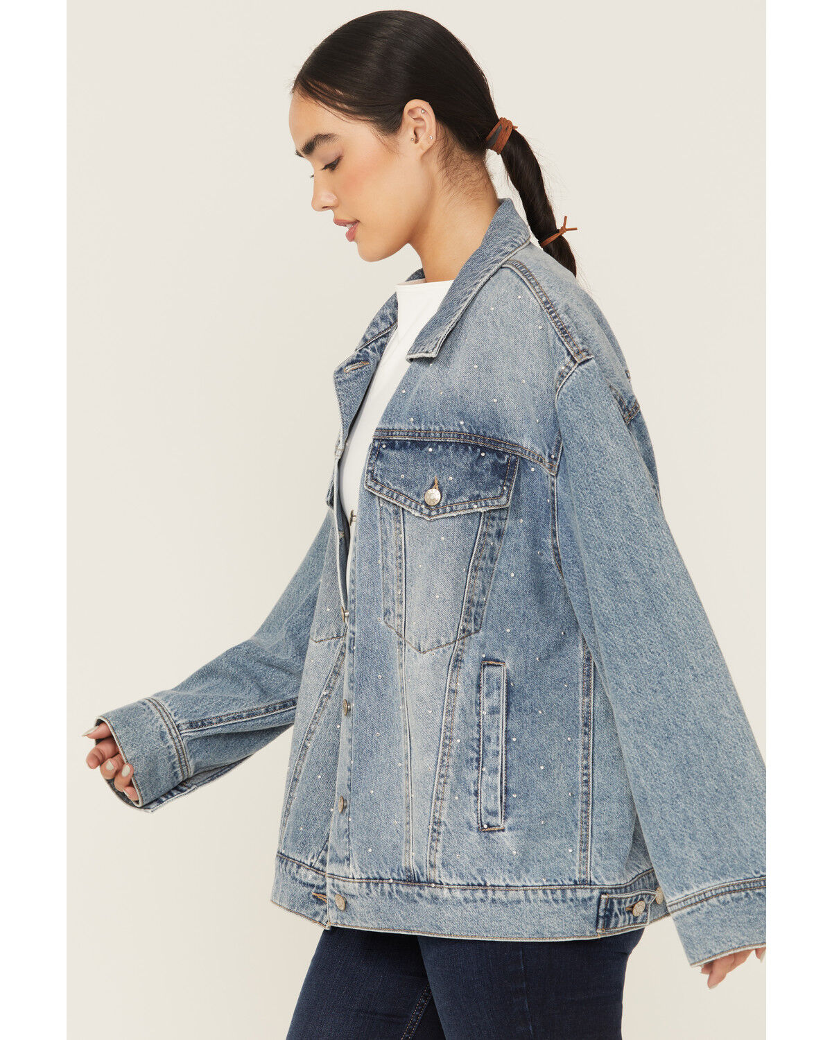 Daze Women's Beau Medium Wash Oversized Studded Denim Jacket