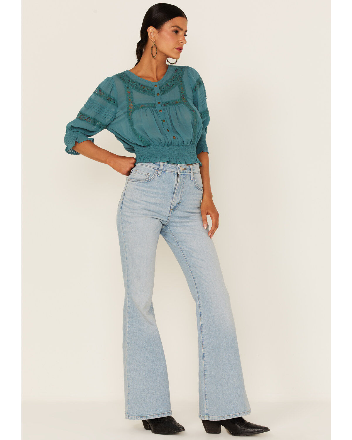 Patrons of Peace Women's Woven Lace Smocked Bottom Blouse