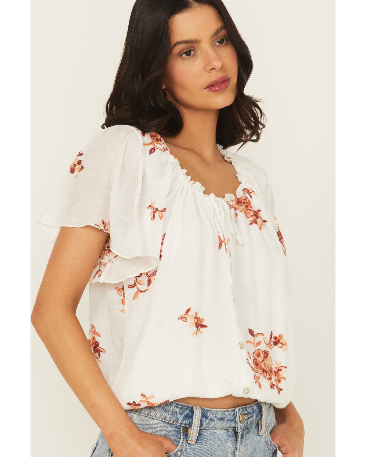 Wild Moss Women's Embroidered Tie-Front Top