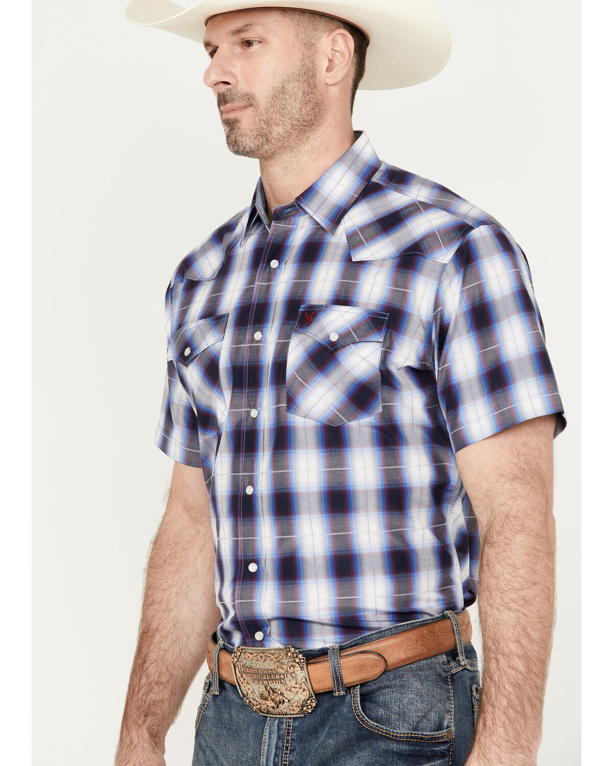 Rodeo Clothing Men's Plaid Print Short Sleeve Snap Western Shirt