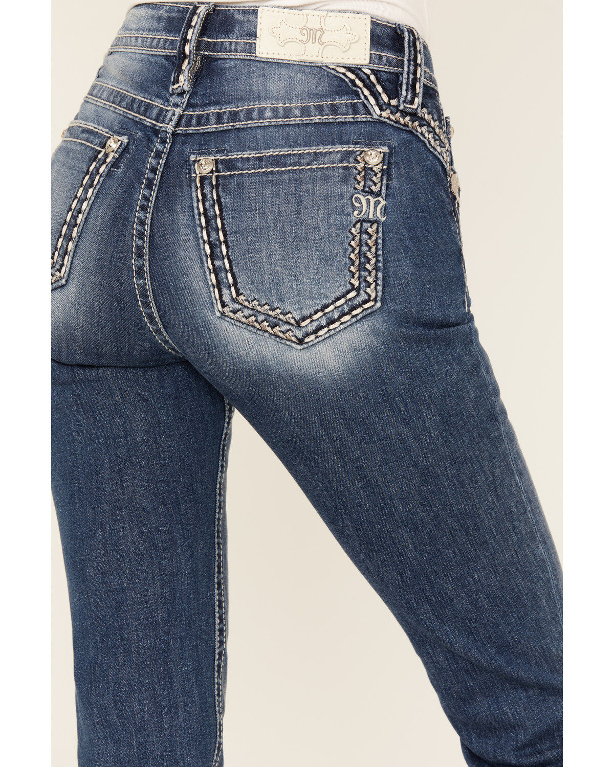 Miss Me Women's Medium Wash Mid Rise Border Stitch Bootcut Stretch Denim Jeans