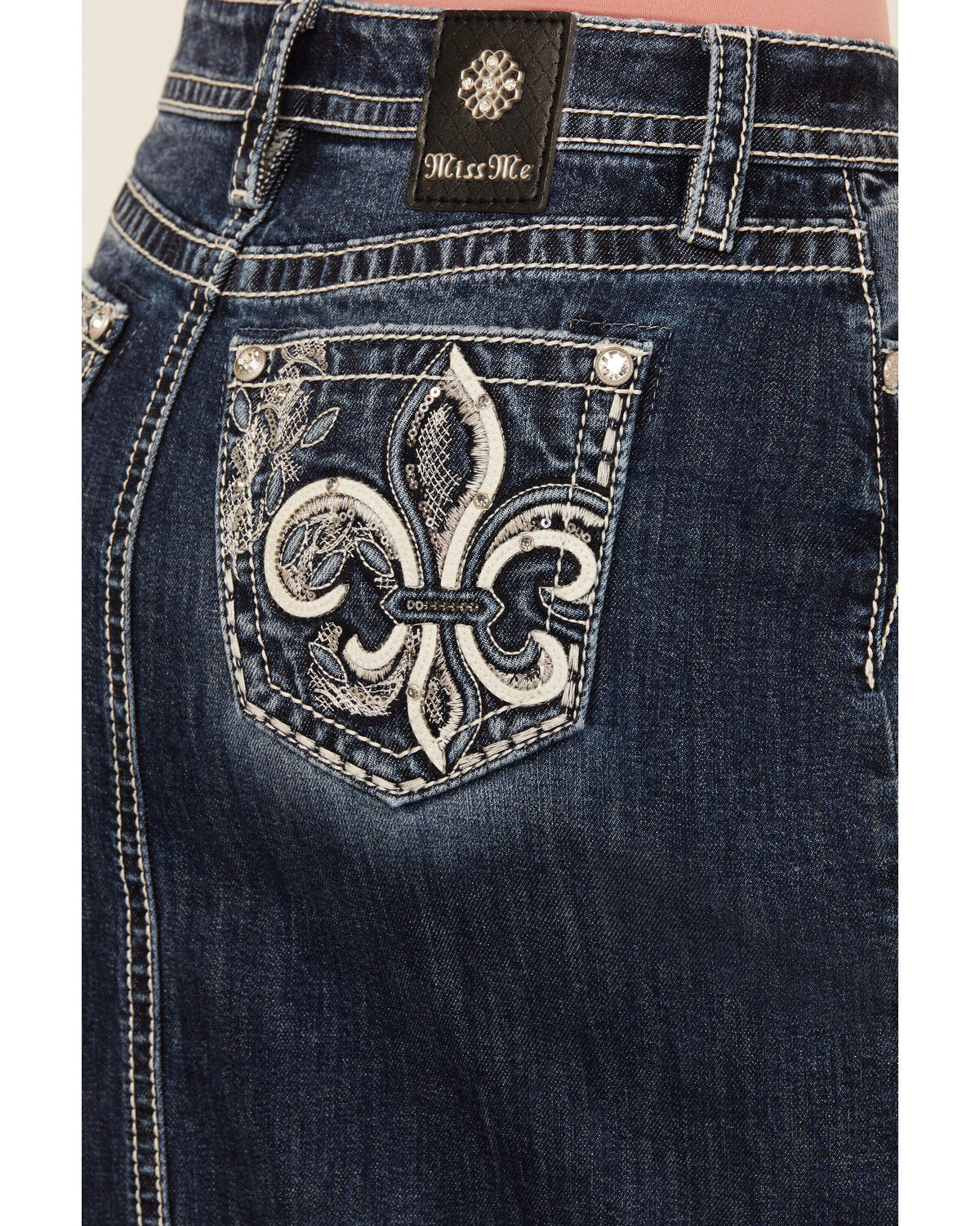 Miss Me Women's Dark Wash Embroidered Pocket Stretch Denim Maxi Skirt