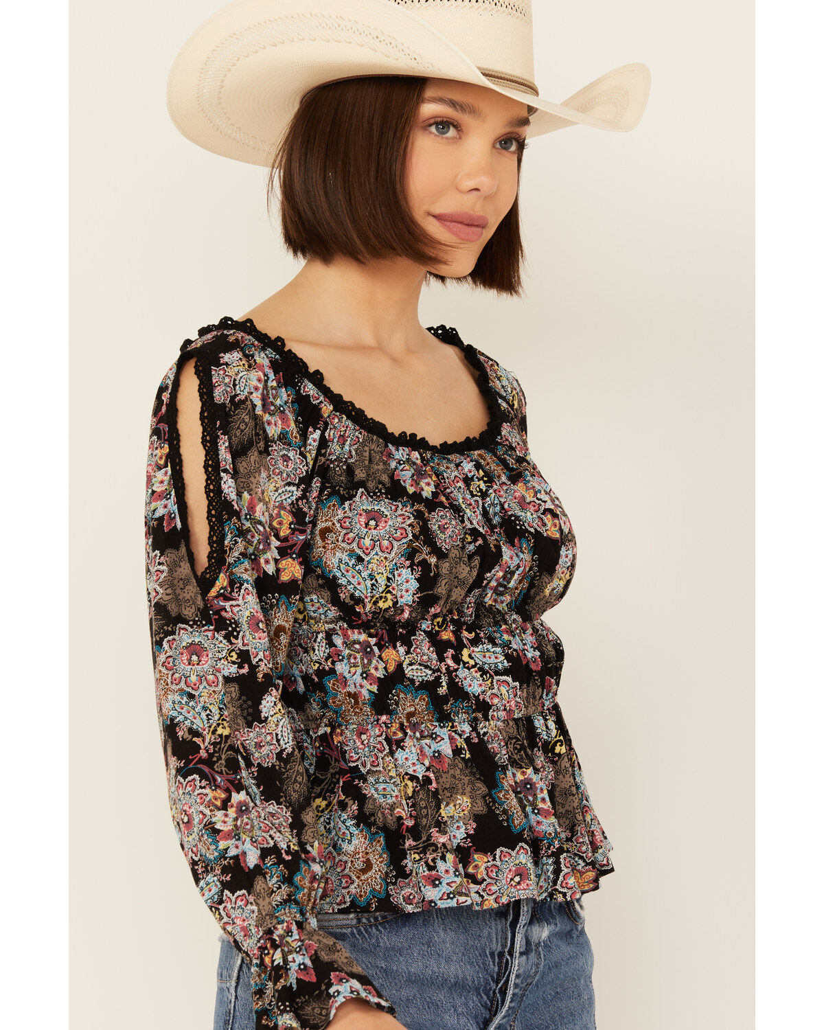 Wild Moss Women's Smocked Front Cold Shoulder Long Sleeve Shirt