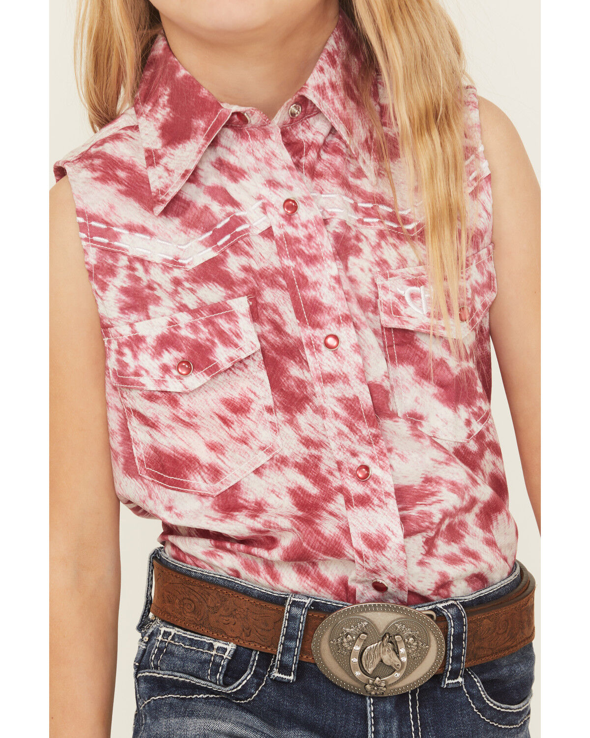 Cowgirl Hardware Girls' Cowhide Print Sleeveless Snap Stretch Western Shirt