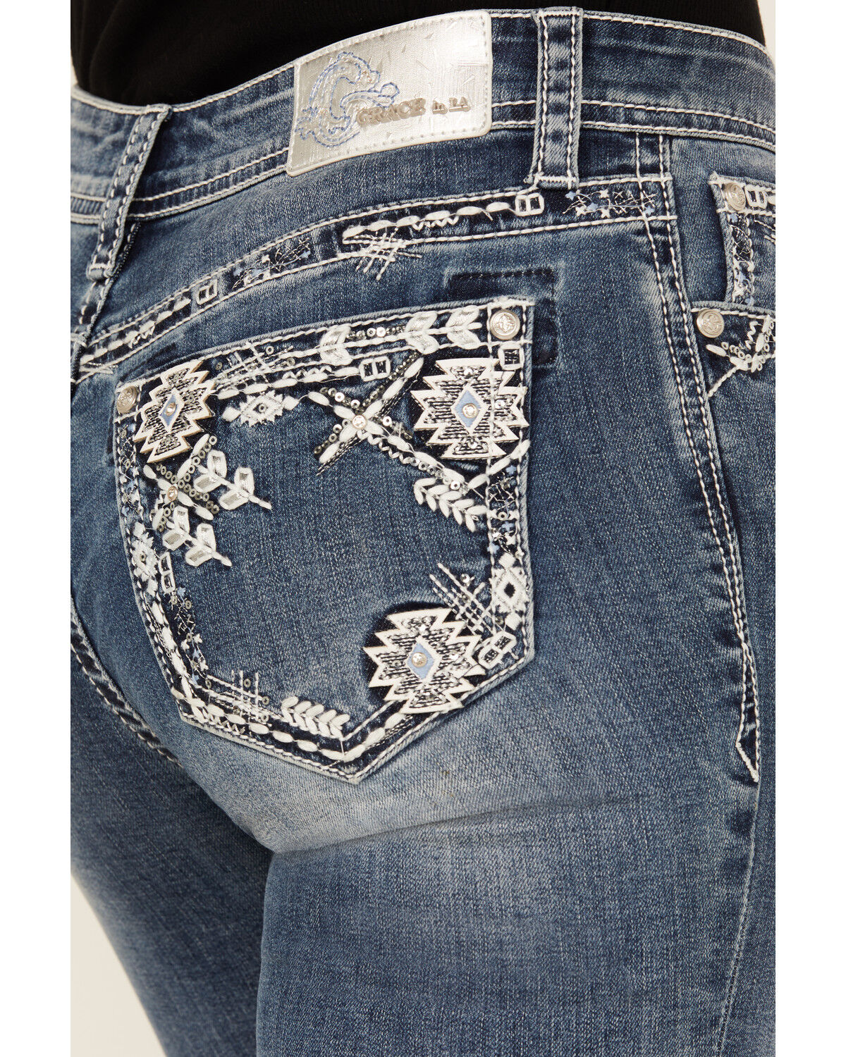 Grace In LA Women's Medium Wash Geo Print Embroidered Mid Rise Bootcut Stretch Denim Jeans
