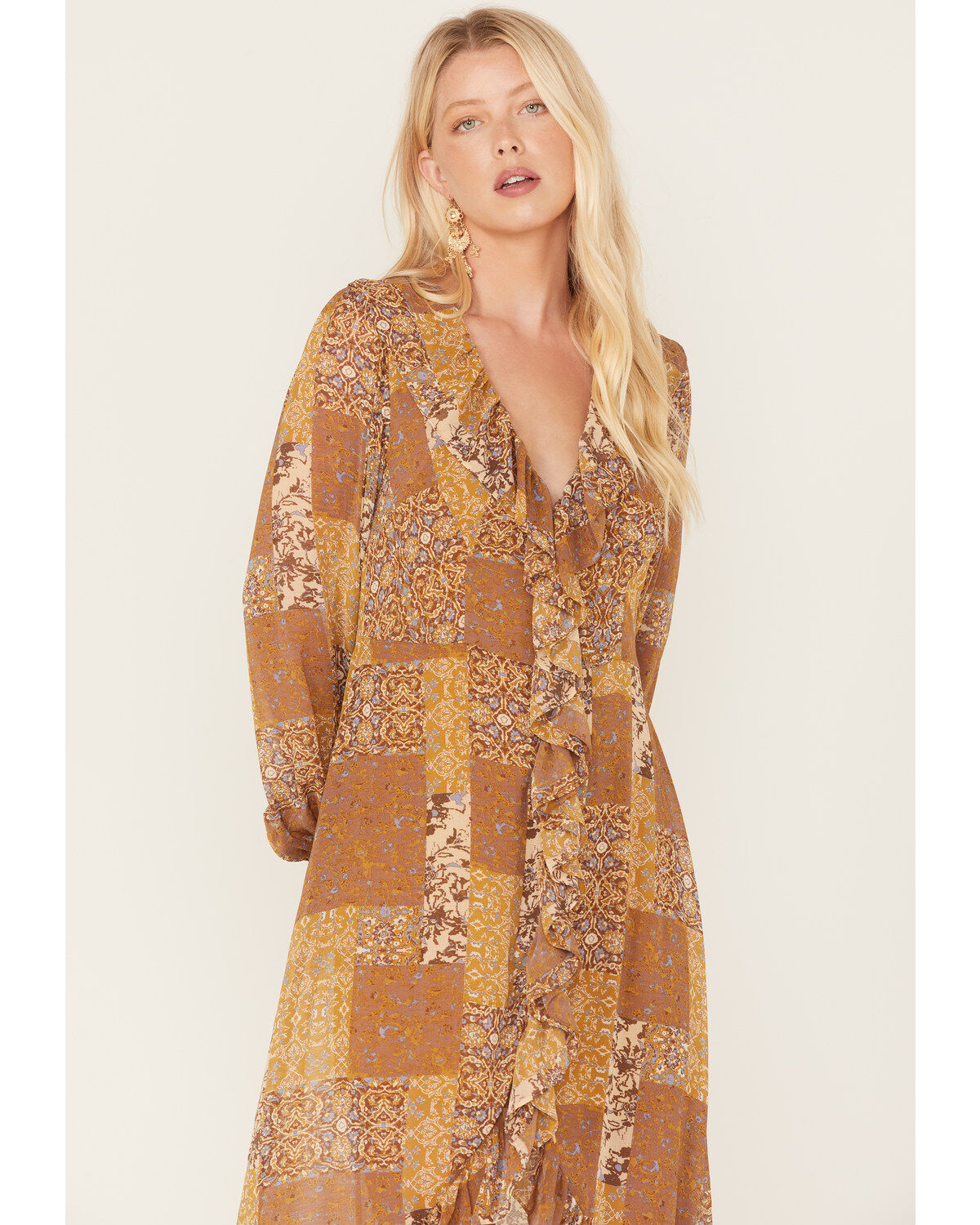 Beyond The Radar Women's Multi Patchwork Ruffle Midi Dress