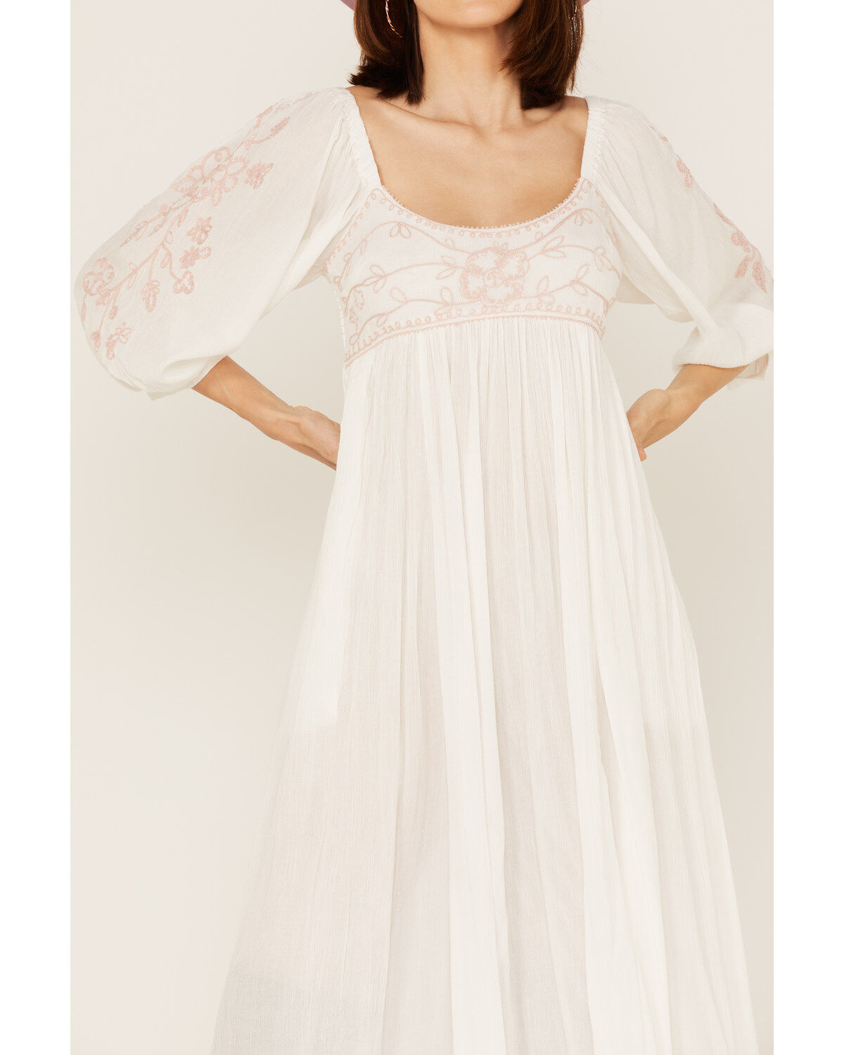 Free People Women's Wedgewood Embroidered Long Puff Sleeve Midi Dress