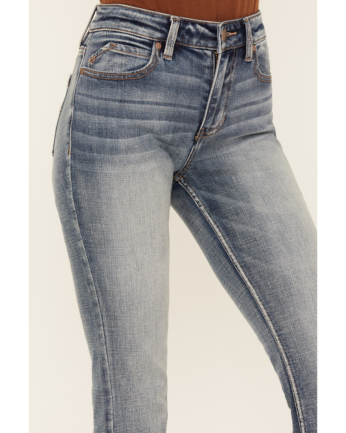 Shyanne Women's Medium Wash Aria Novelty Back Pocket Mid Rise Bootcut Stretch Denim Jeans
