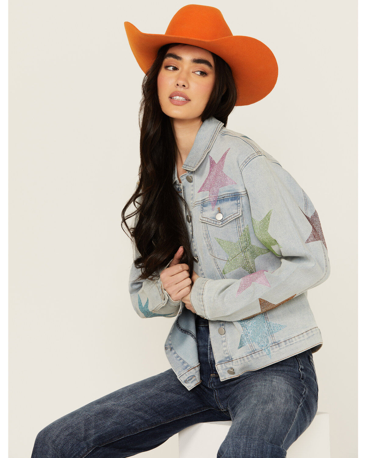 Blue B Women's Light Wash Rhinestone Embellished Denim Jacket