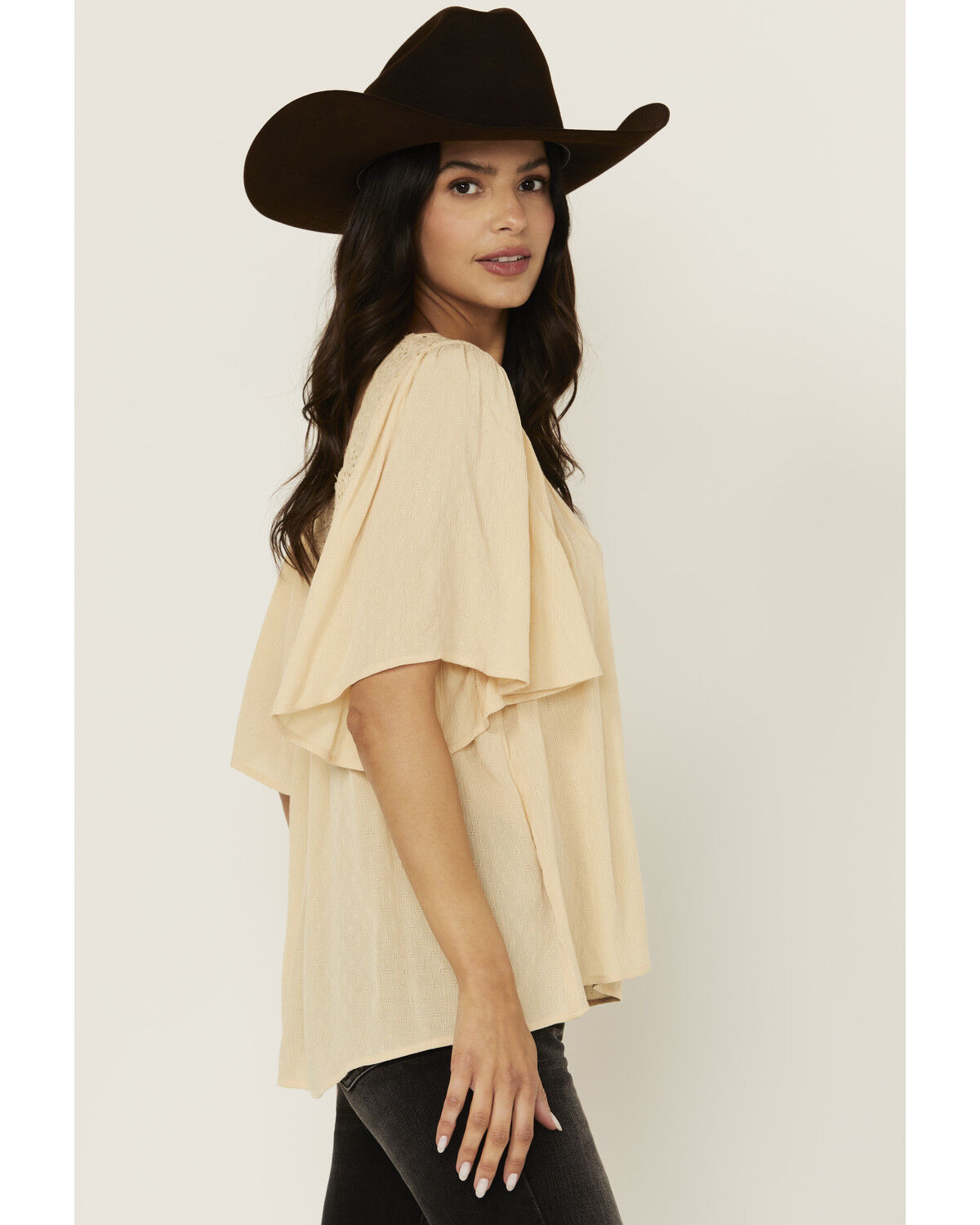 Band Of The Free Women's Solid Short Sleeve Ruffle Blouse