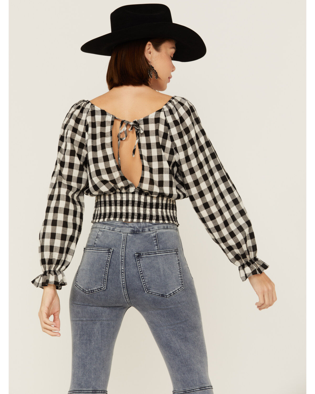 Beyond The Radar Women's Gingham Tie Back Smocked Blouse