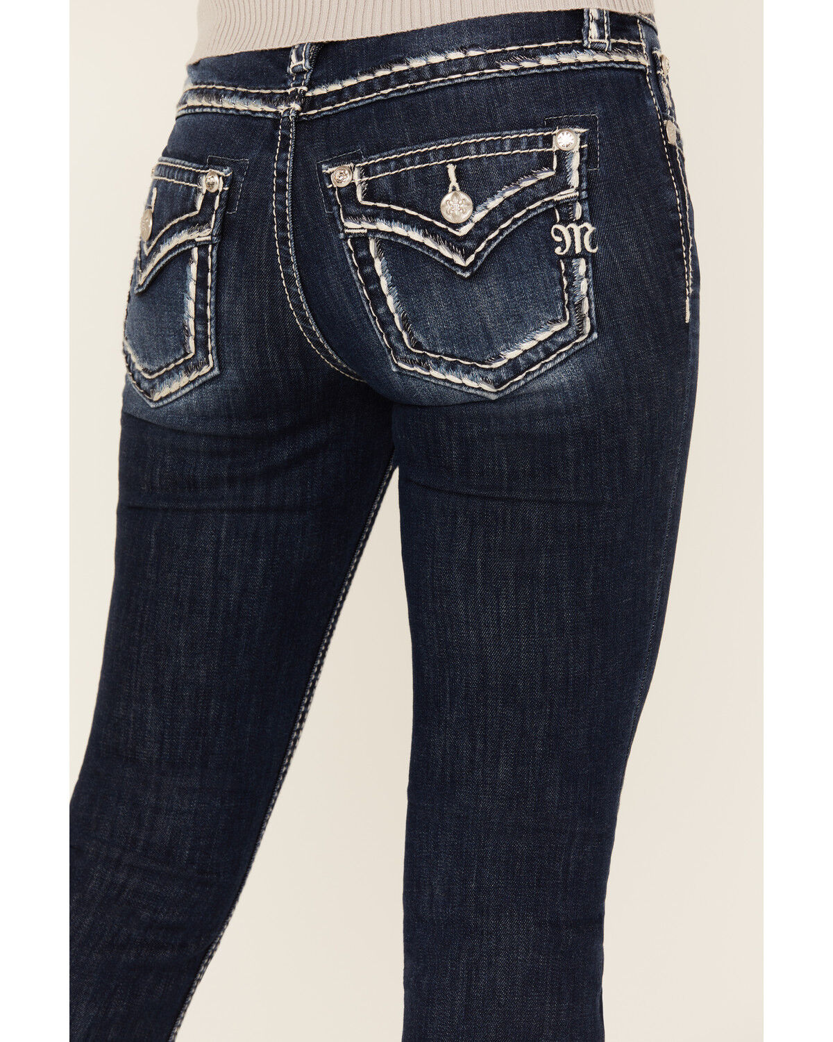Miss Me Women's Dark Wash Mid Rise Border Pocket Bootcut Stretch Denim Jeans