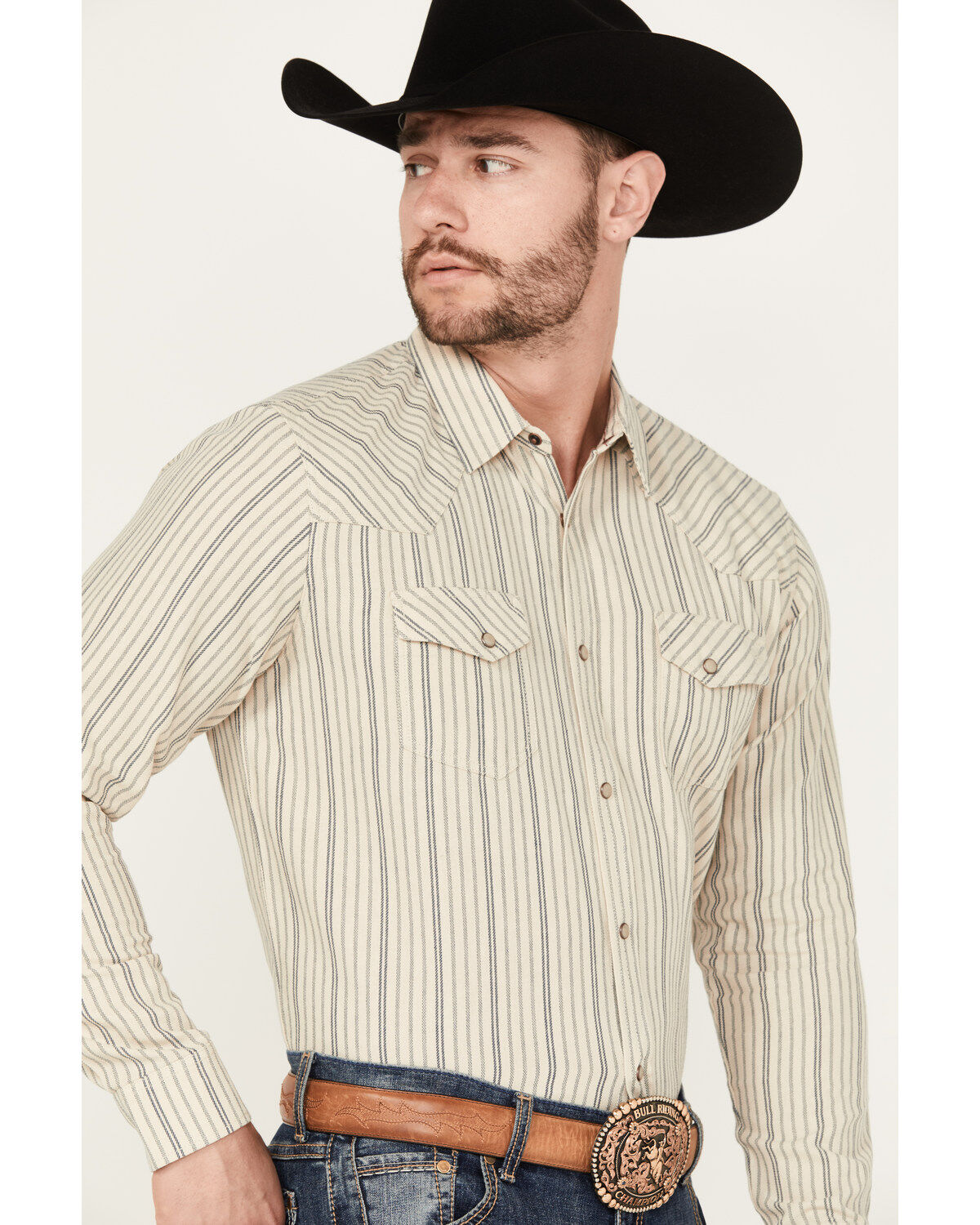 Blue Ranchwear Men's Goliad Striped Print Long Sleeve Snap Shirt