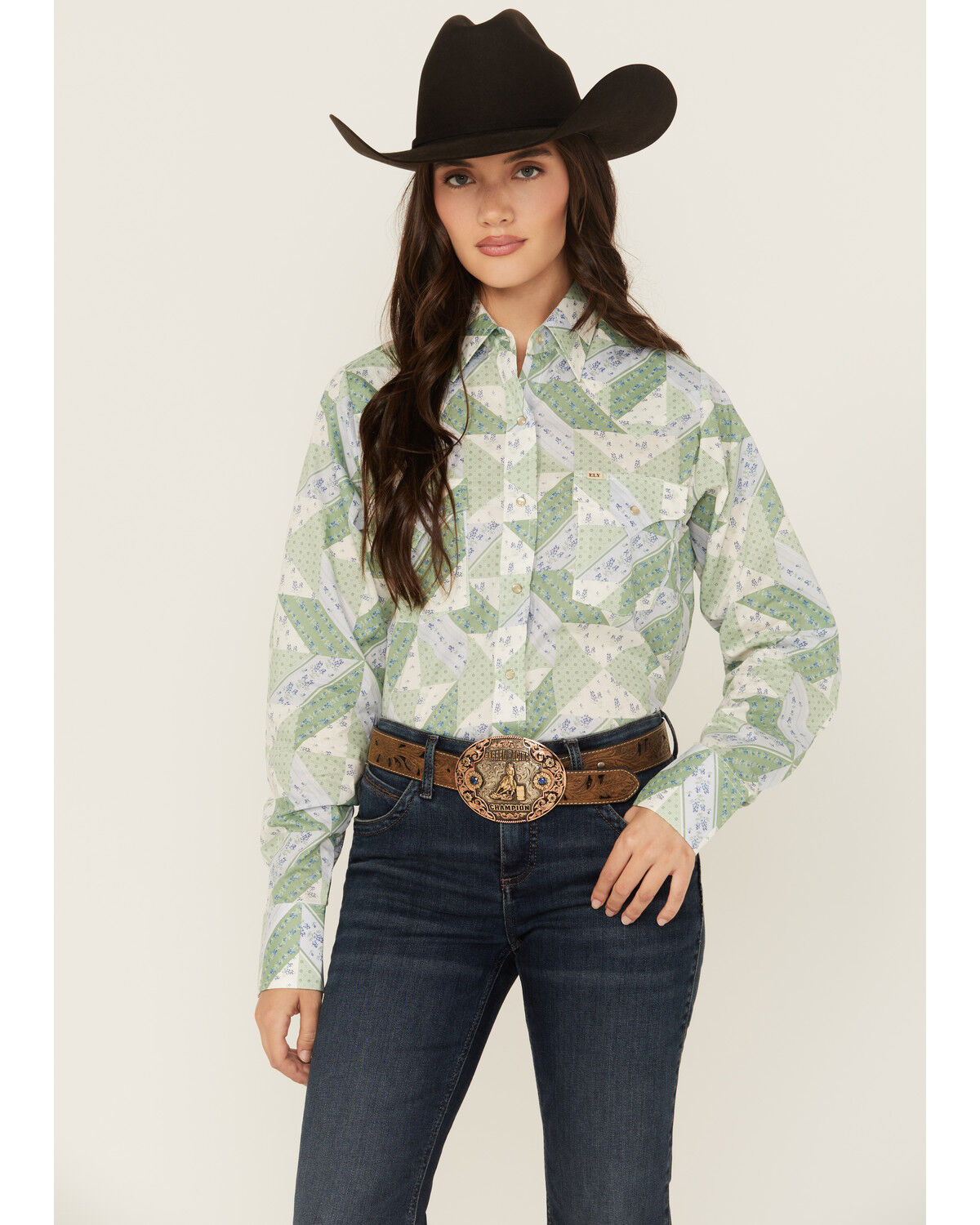 Cowboygirl by Jenna Paulette Women's Patchwork Print Long Sleeve Pearl Snap Western Shirt