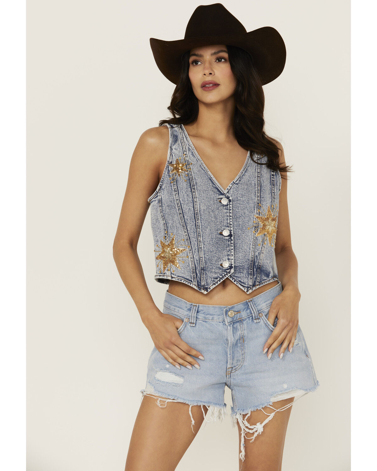 Blue B Women's Star Sequins Denim Vest