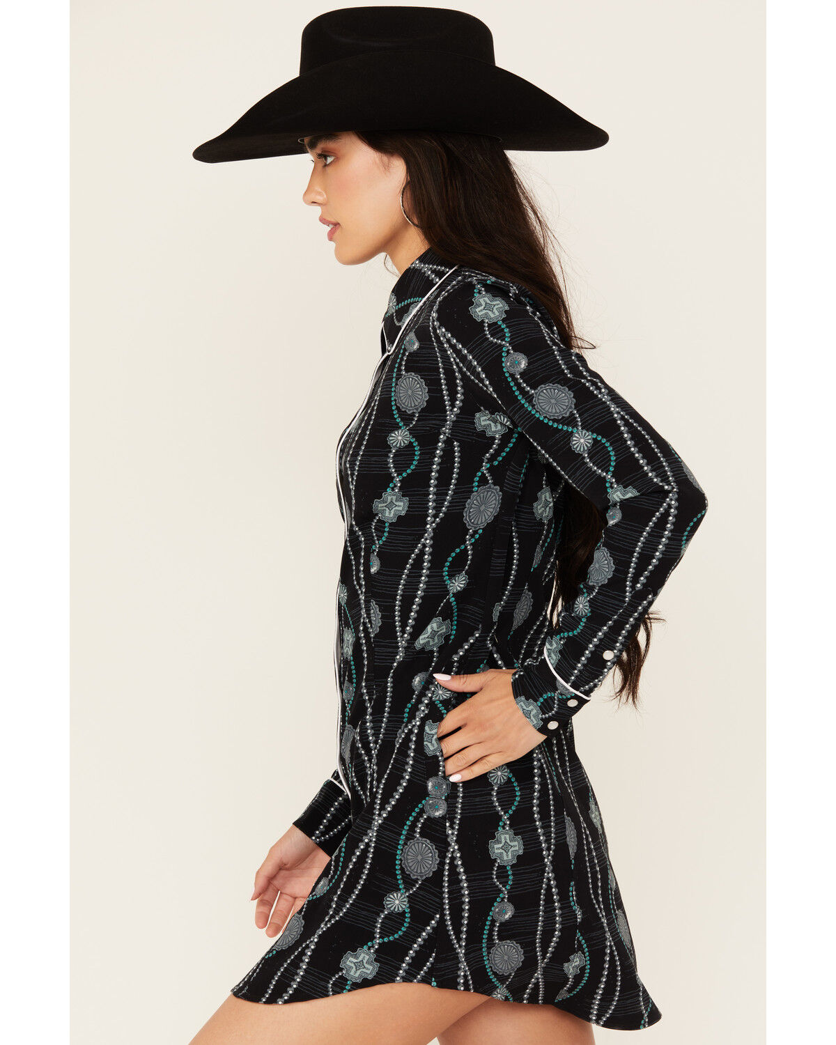 Panhandle Women's Concho Print Long Sleeve Snap Western Mini Dress