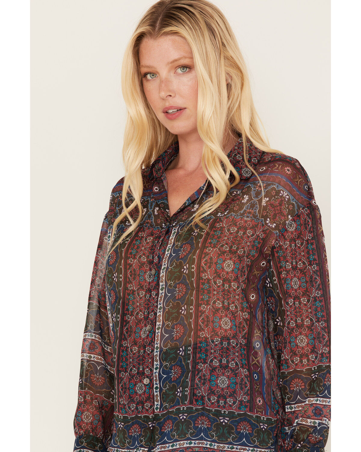 Molly Bracken Women's Metallic Floral Stripe Blouse