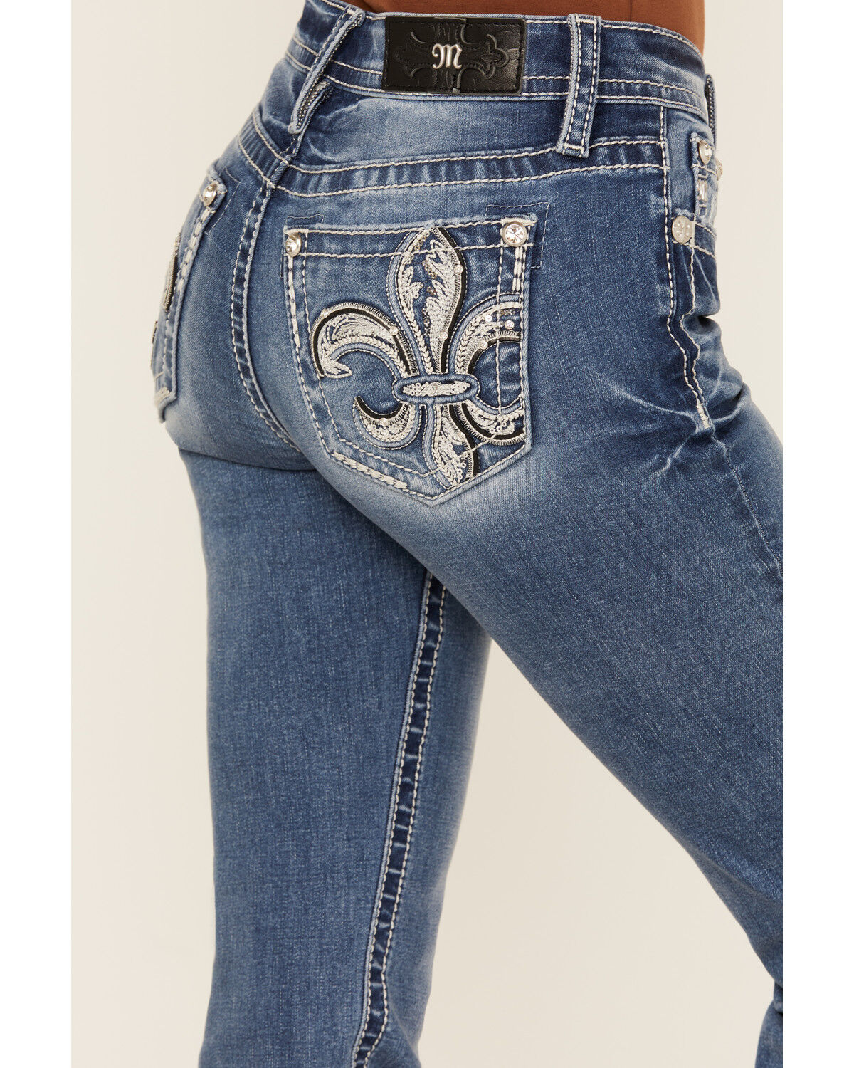 Miss Me Women's Medium Wash Mid Rise Fleur de Lis Pocket Bootcut Stretch Denim Jeans
