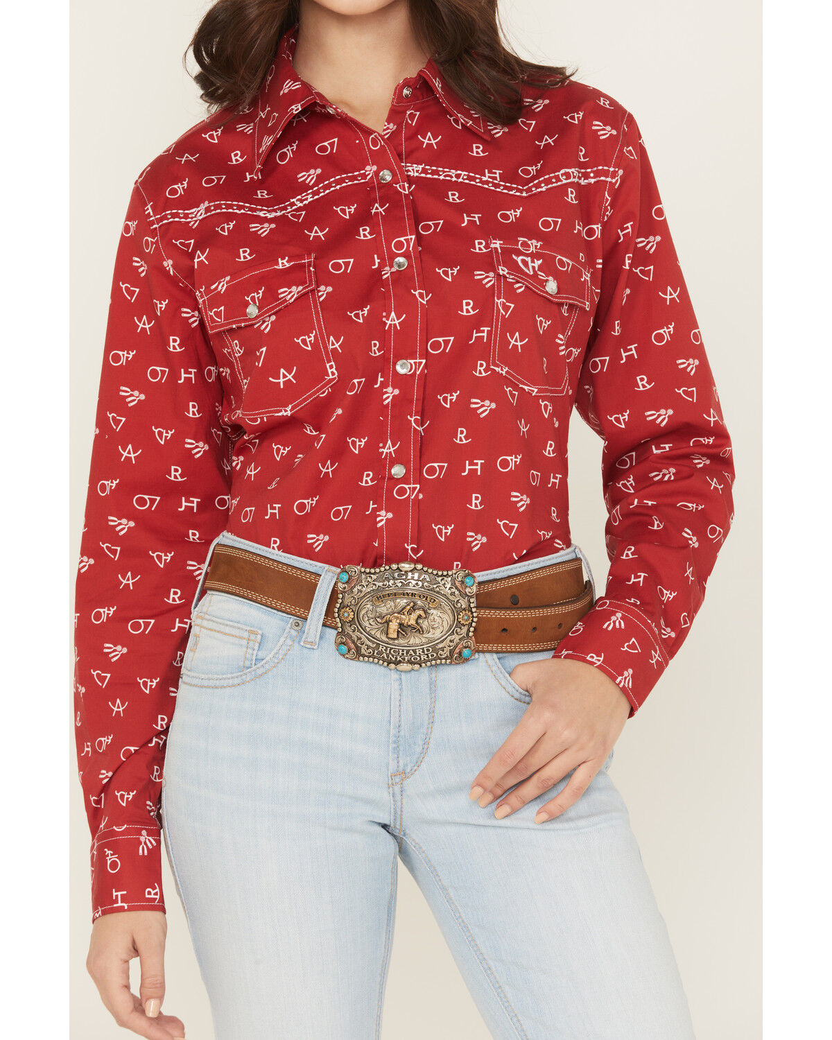 Cowgirl Hardware Women's Branding Print Long Sleeve Rhinestone Snap Stretch Western Shirt