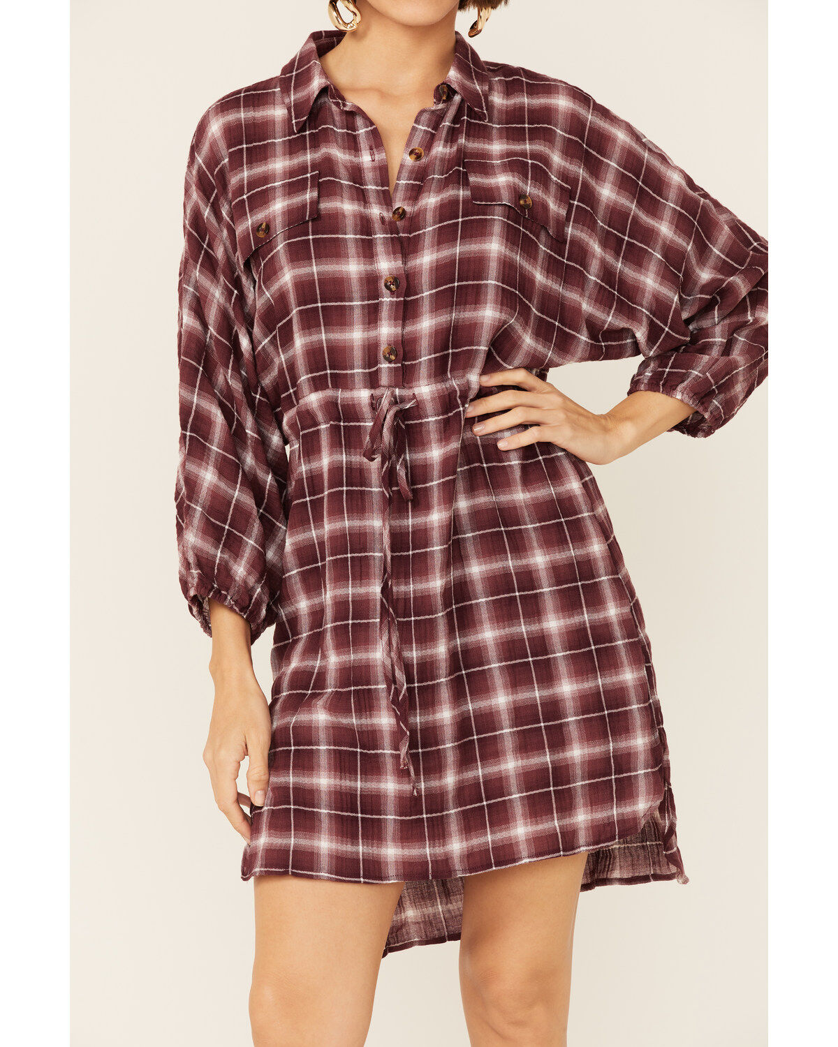 Wild Moss Women's Burgundy Long Sleeve Plaid Shirt Mini Dress