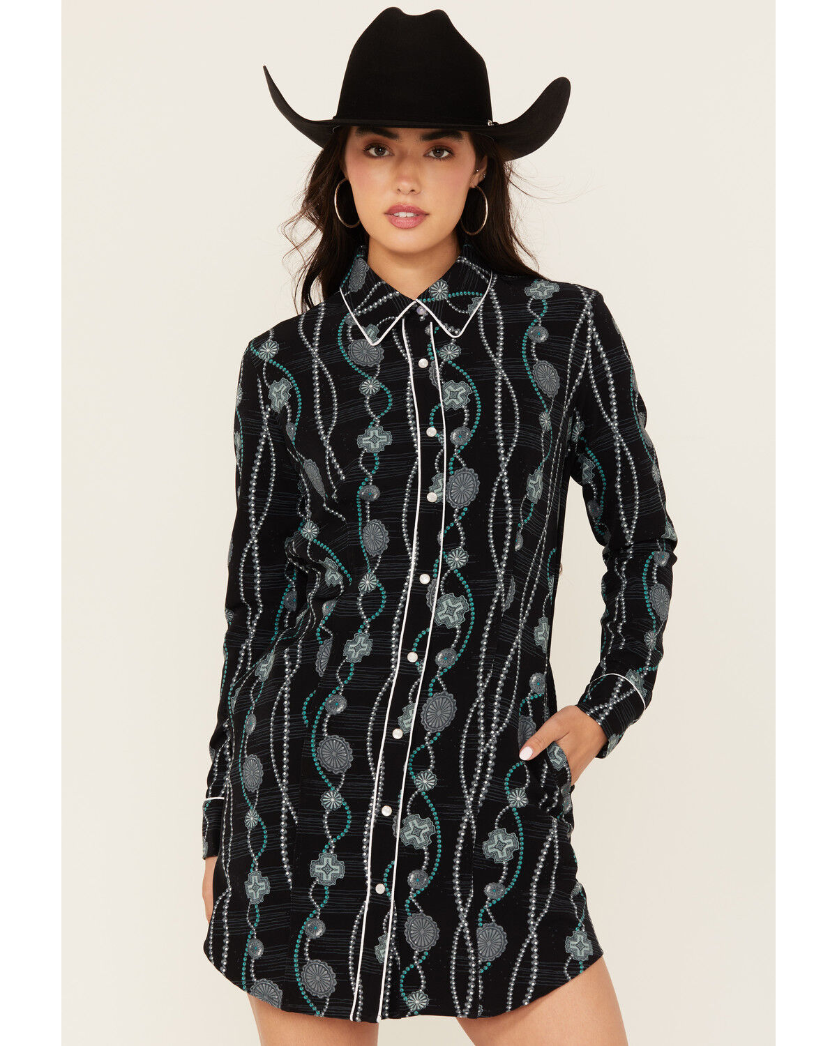 Panhandle Women's Concho Print Long Sleeve Snap Western Mini Dress