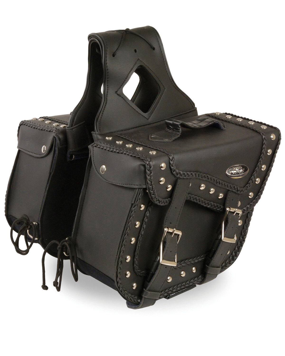 Milwaukee Leather Medium Braided Zip-Off PVC Throw Over Saddle Bag with Studs