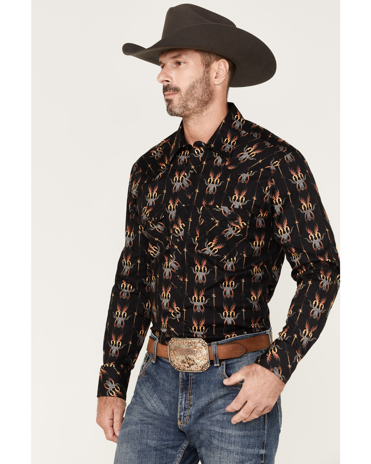 Dale Brisby Men's Stretch Antler Bull Skull Print Western Shirt