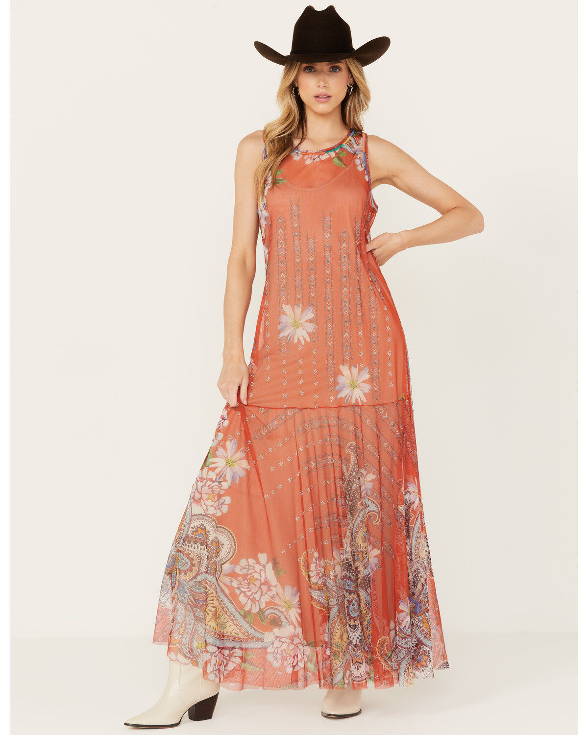 Johnny Was Women's Paisley Print Mesh Slip Maxi Dress