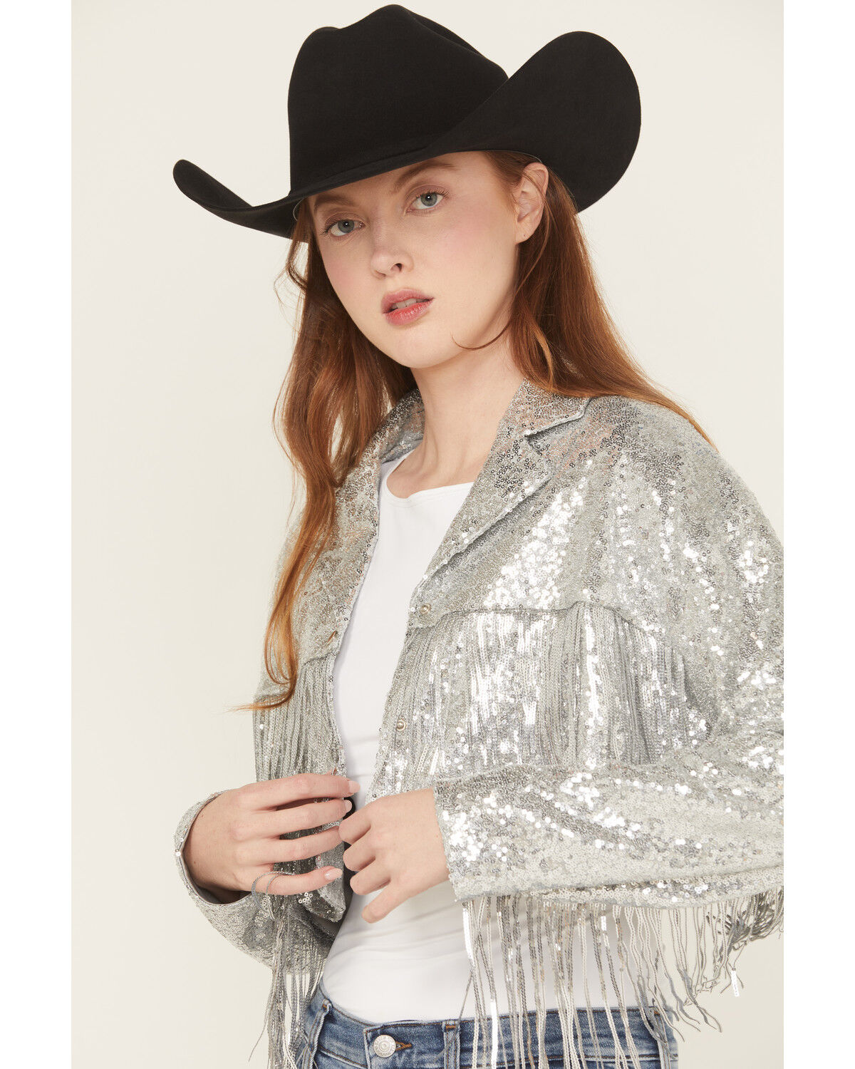 Saints & Hearts Women's Sequin Embellished Fringe Cropped jacket