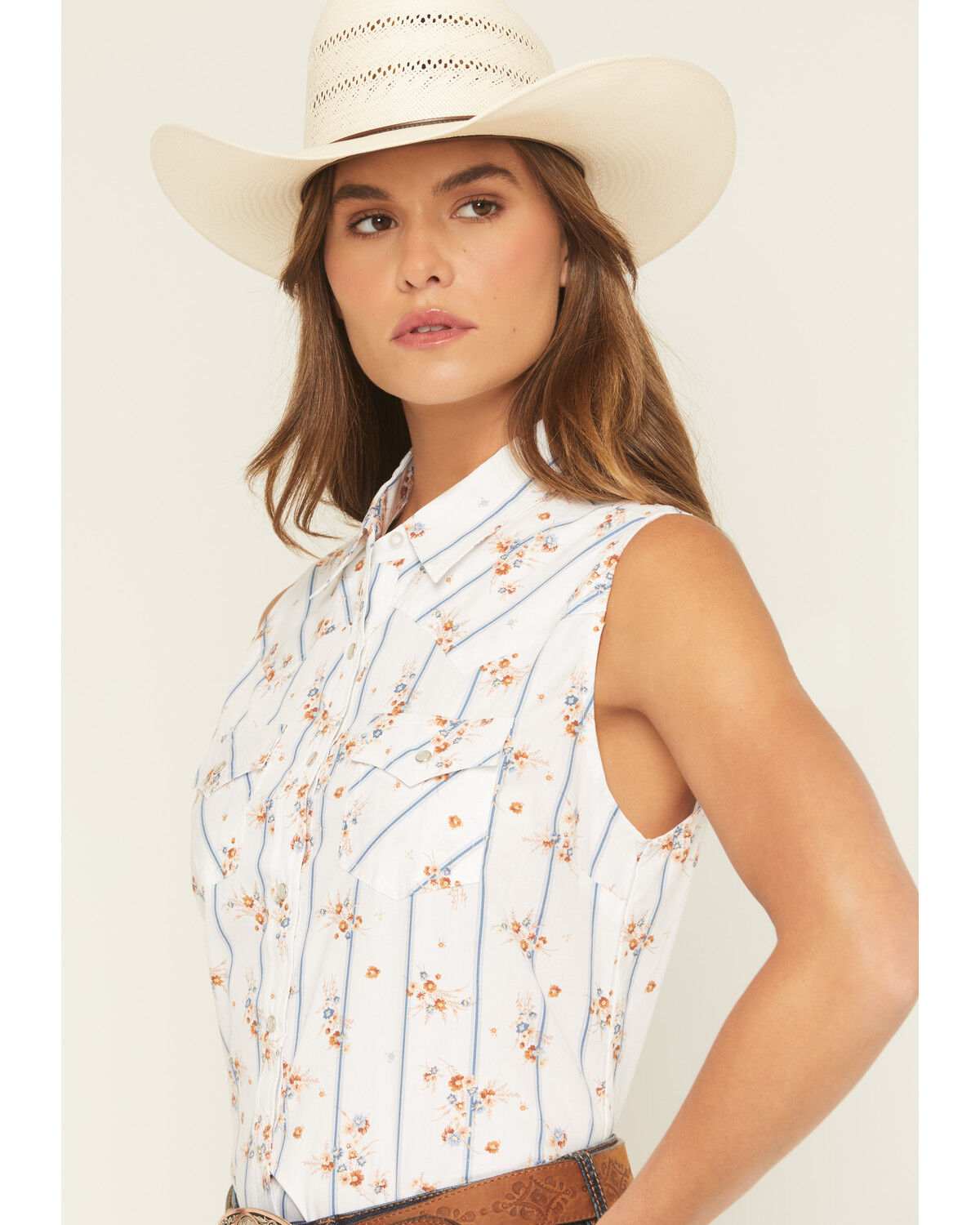 Ely Walker Women's Floral Striped Sleeveless Pearl Snap Western Shirt