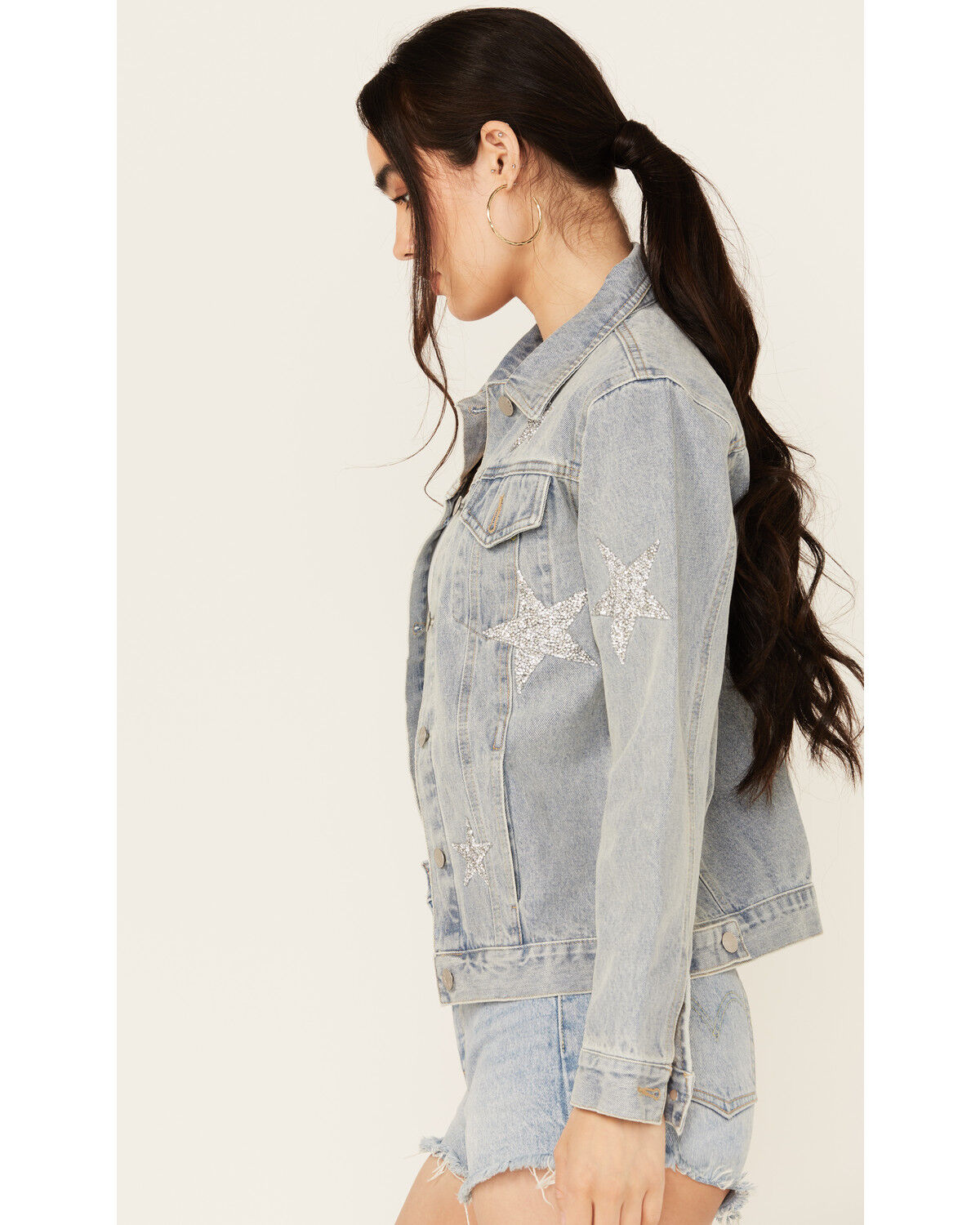Blue B Women's Light Wash Embellished Star Button-Down Denim Jacket