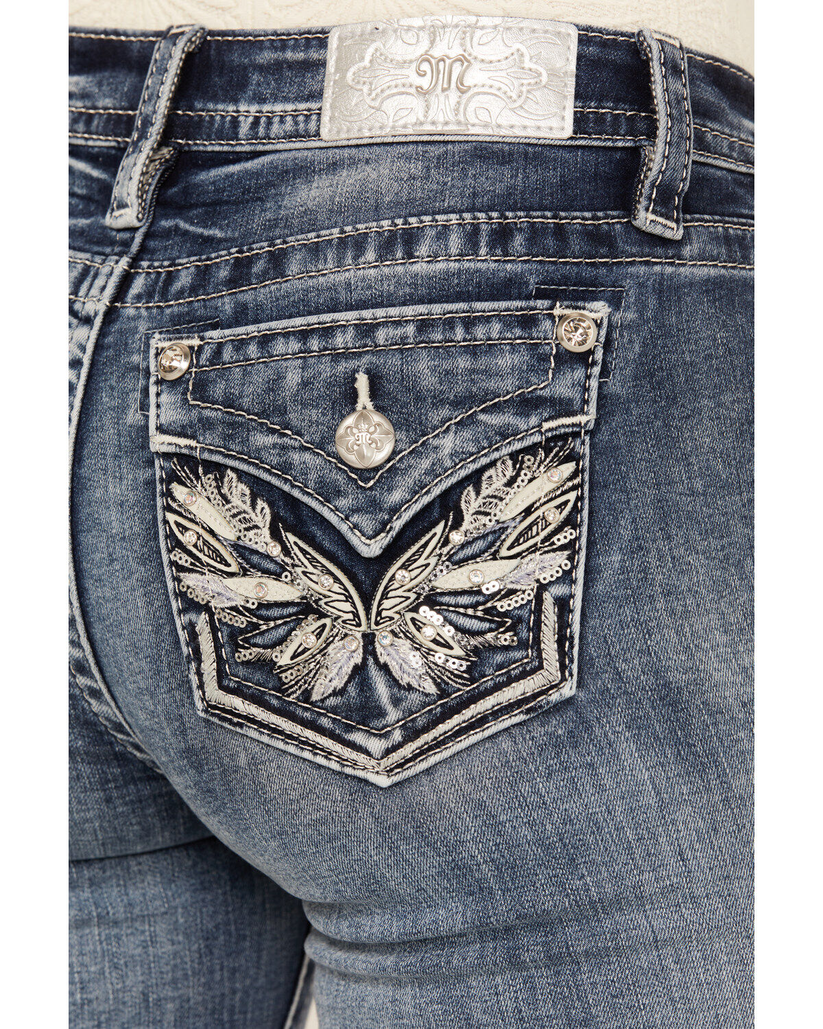 Miss Me Women's Medium Wash Mid Rise Angel Wing Bootcut Stretch Denim Jeans