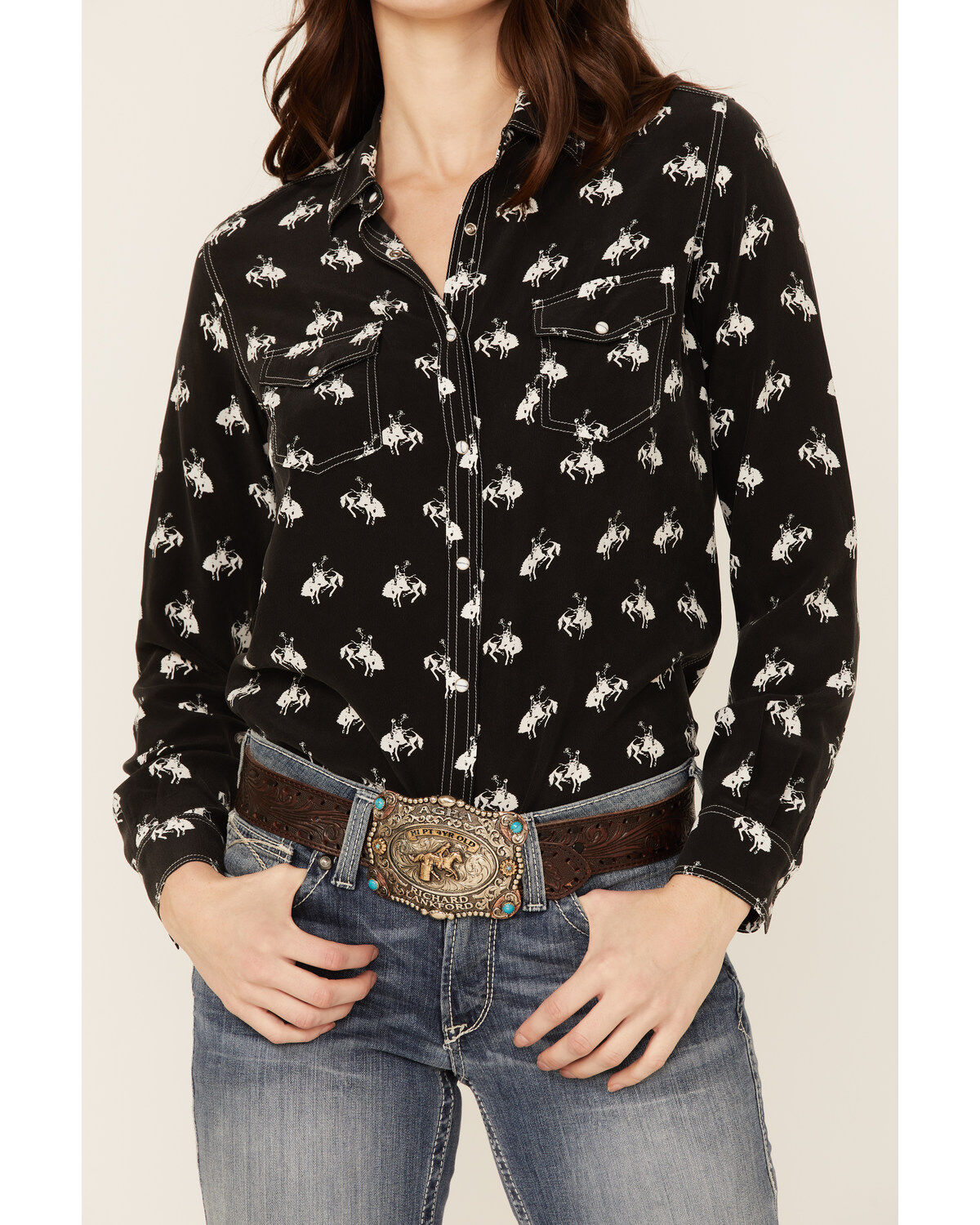 RRR Women's Bucking Horse Print Long Sleeve Snap Western Shirt