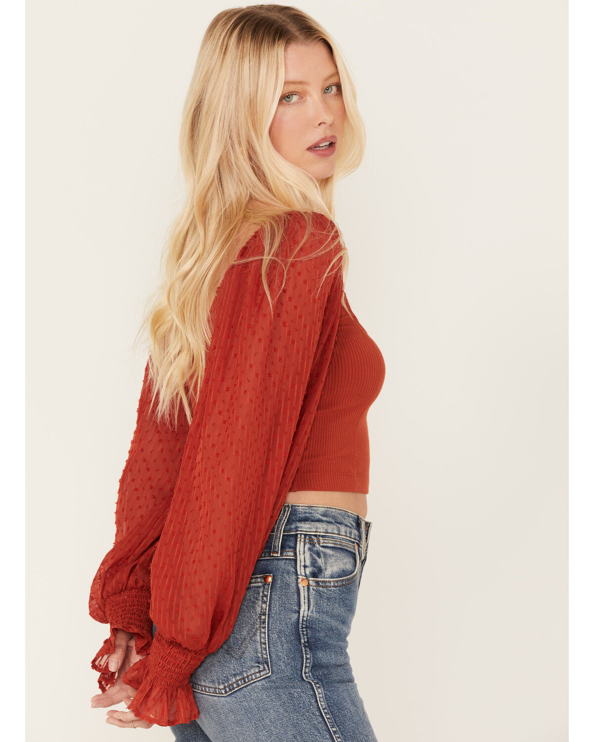 Beyond The Radar Women's Long Puff Sleeve Corset Blouse